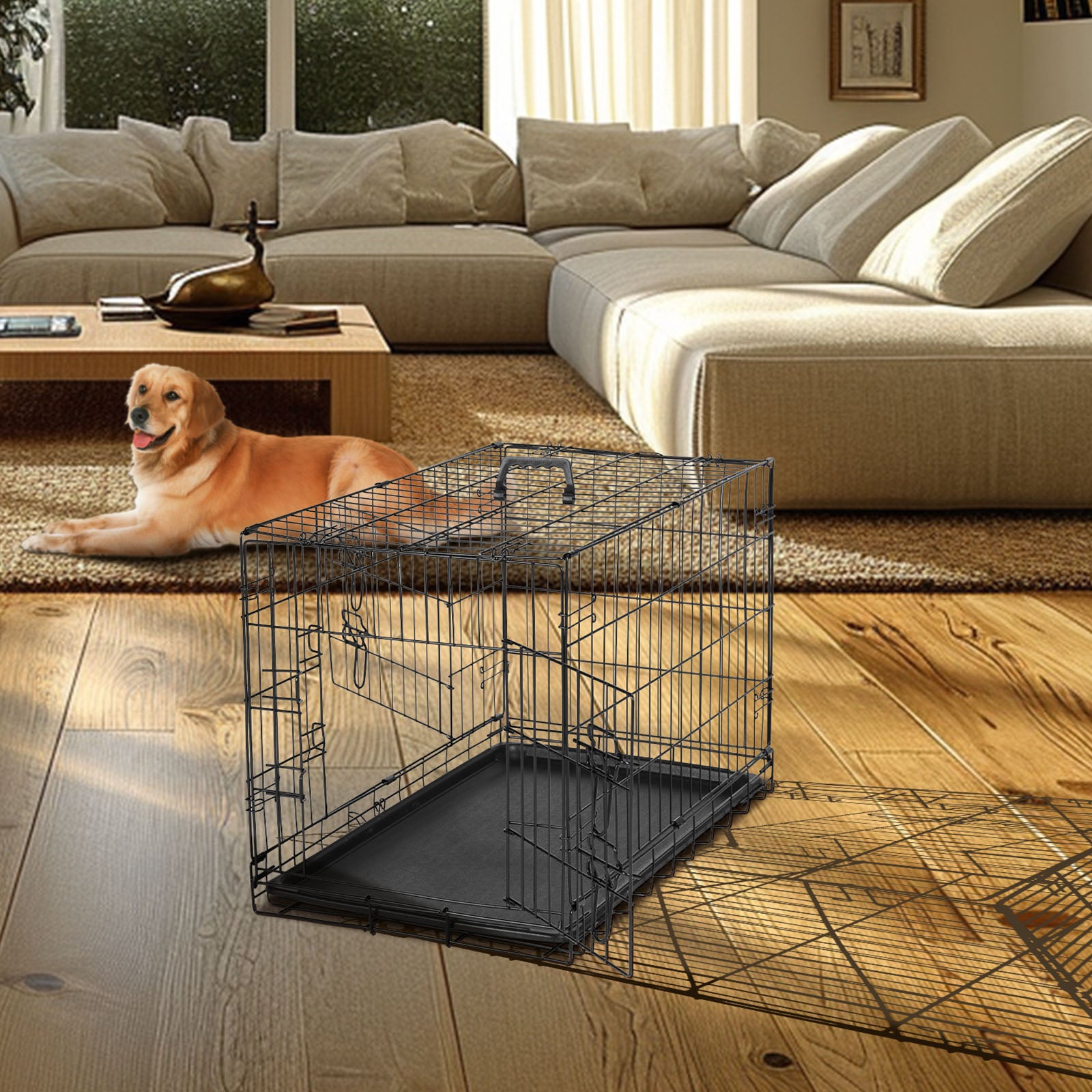 Dog Crate With Divider Panel,24 Inch Double Door Folding Metal Wire Dog Cage With Plastic Leak Proof Pan Tray, Pet Kennel For Indoor Black Iron