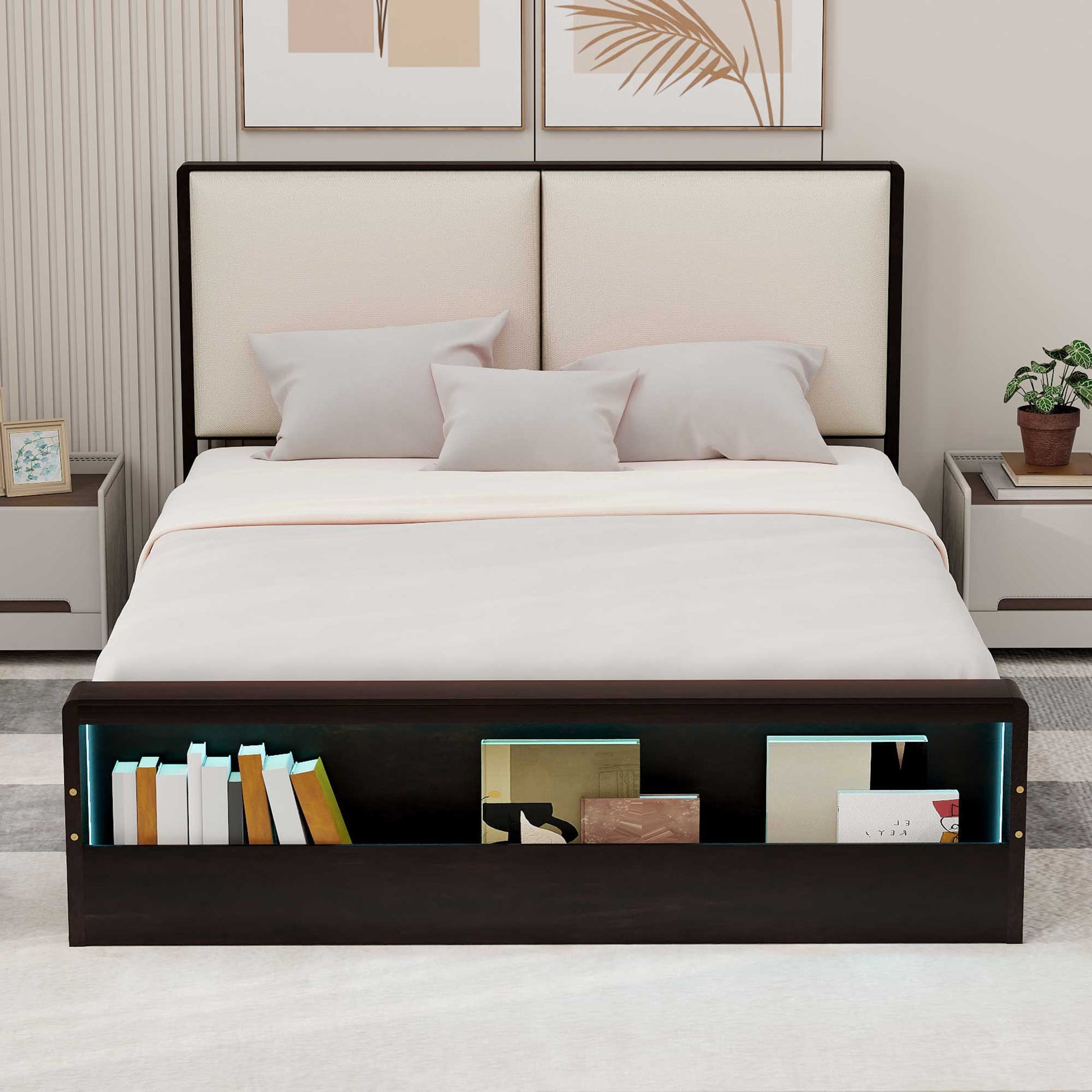 Queen Size Platform Bed Frame With Upholstery Headboard And Bookshelf In Footboard And Led Light Strips, Espresso Queen Espresso Solid Wood Mdf