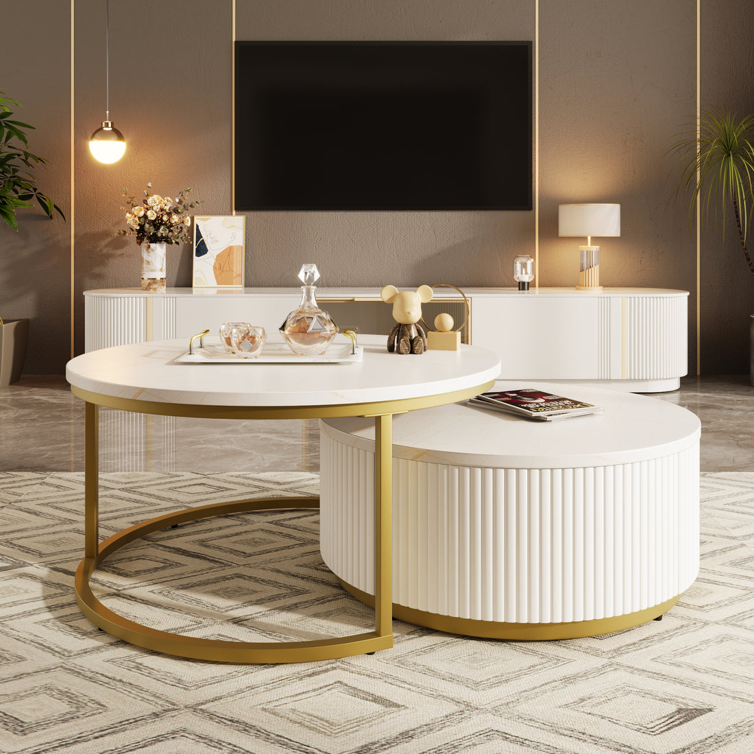 Modern Round Nesting Coffee Table Fluted With Drawer In White & Gold In 31.5'' Golden White Drawers Coffee & End Tables Glossy Round Metal Mdf Pedestal