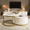 Modern Round Nesting Coffee Table Fluted With Drawer In White & Gold In 31.5'' Golden White Drawers Coffee & End Tables Glossy Round Metal Mdf Pedestal