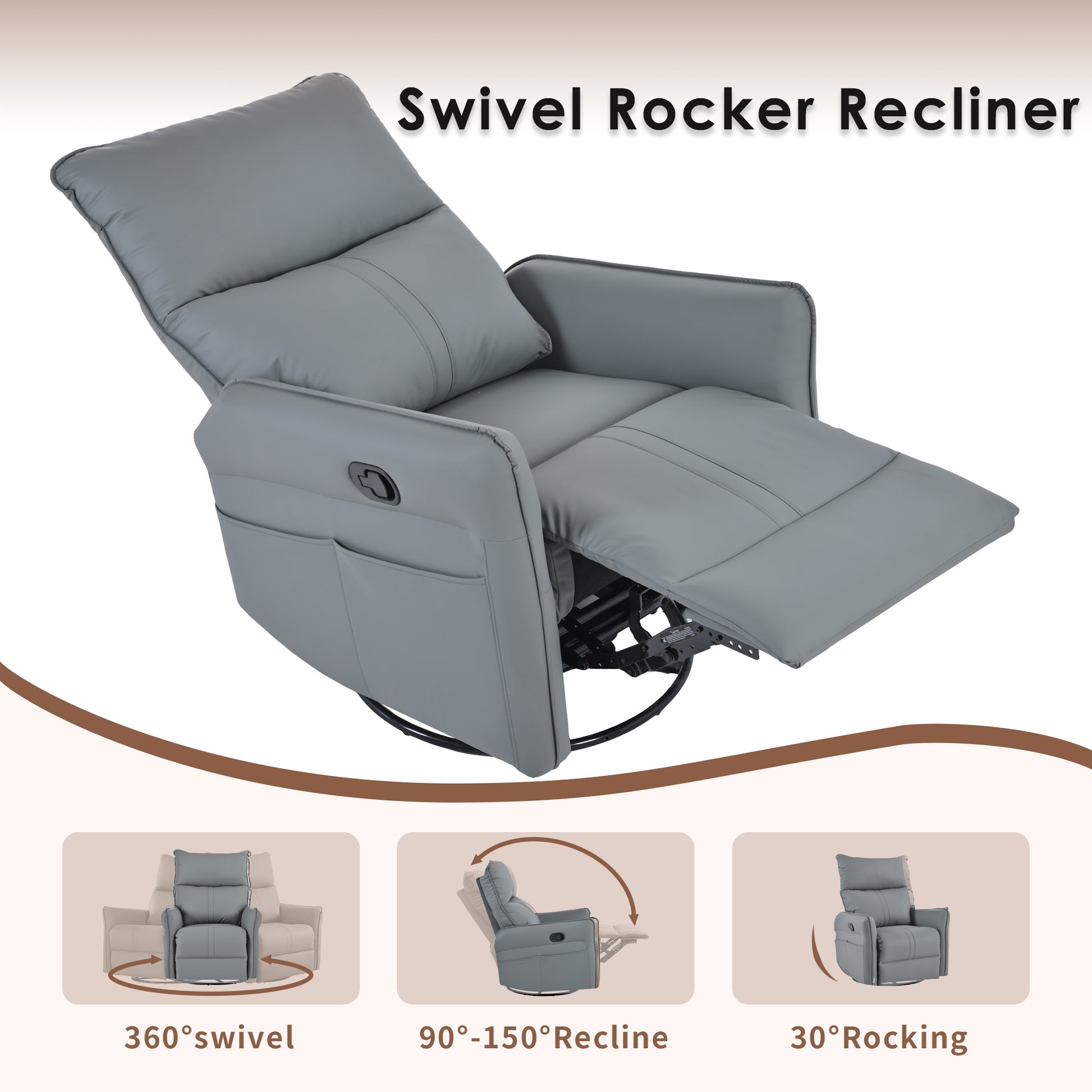 Rocking Recliner Chair,360 Degree Swivel Nursery Rocking Chair,Glider Chair,Modern Small Rocking Swivel Recliner Chair For Bedroom,Living Room Chair Home Theater Seat,Side Pocket Blue Gray Solid Blue Gray Light Brown Primary Living Space Foam Wipe Clean