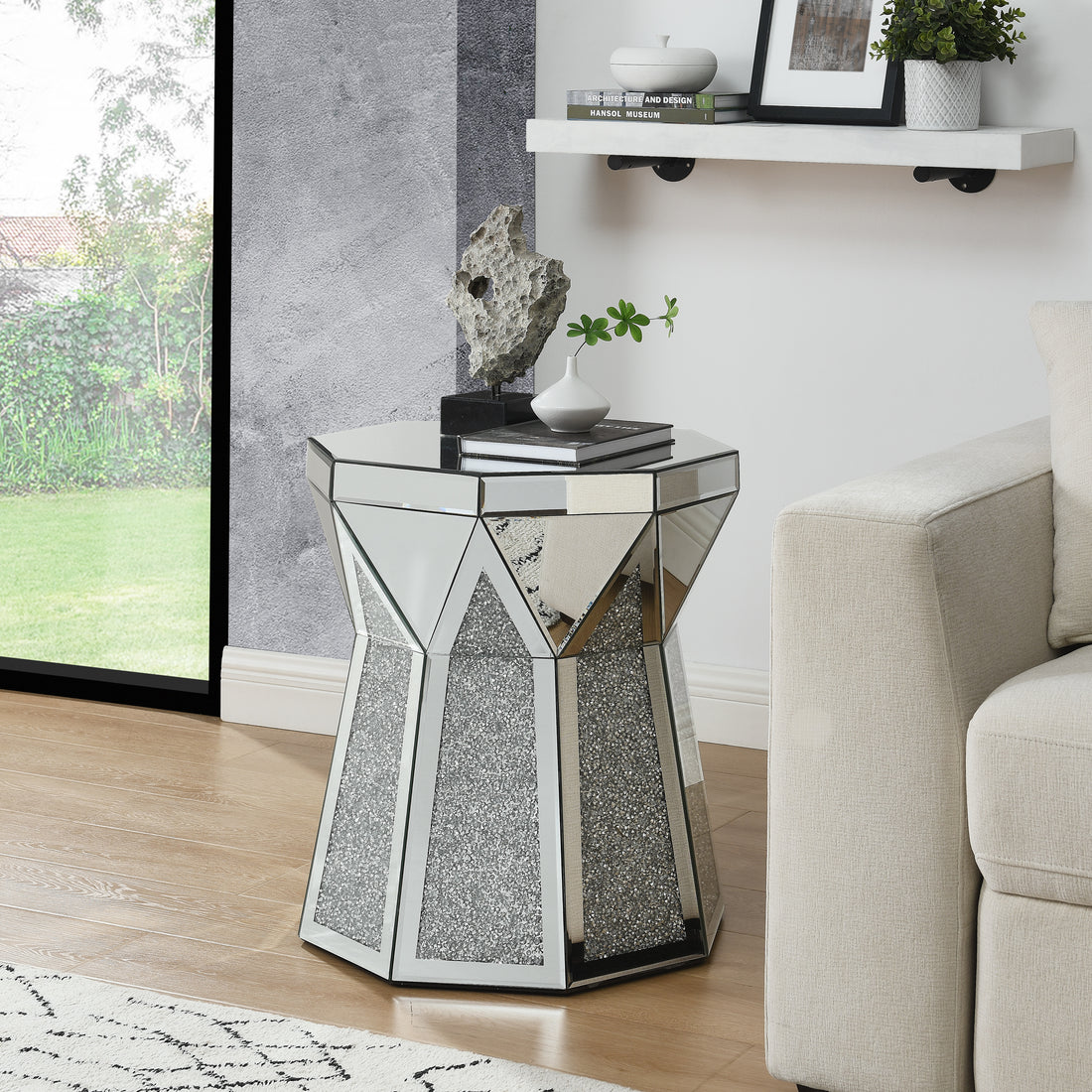 Drum Style Coffee Table With Mirror Crystal Inlay, Polygonal Silver Decorative Table, Modern Design Luxury Modern Furniture, 20 Inch About 50 Centimeters Low Coffee Table, Suitable For Living Room Silver Primary Living Space American Design Console