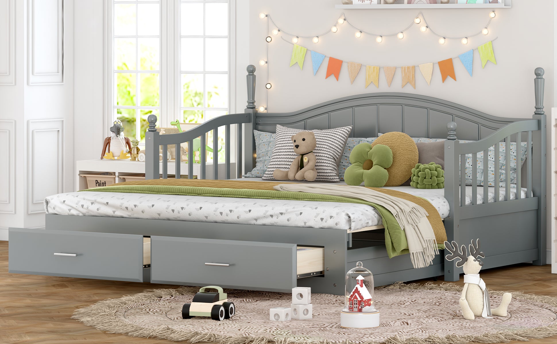 Wooden Twin Size Daybed With Twin Size Trundle, Extendable Daybed With Two Storage Drawers,Gray Expected Arrival Time:9.12 Twin Gray Wood