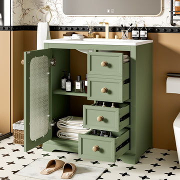 30 Inch Bathroom Vanity With A Soft Close Glass Door, Adjustable Shelves, And Three Drawers Green Bathroom Solid Wood Mdf Glass