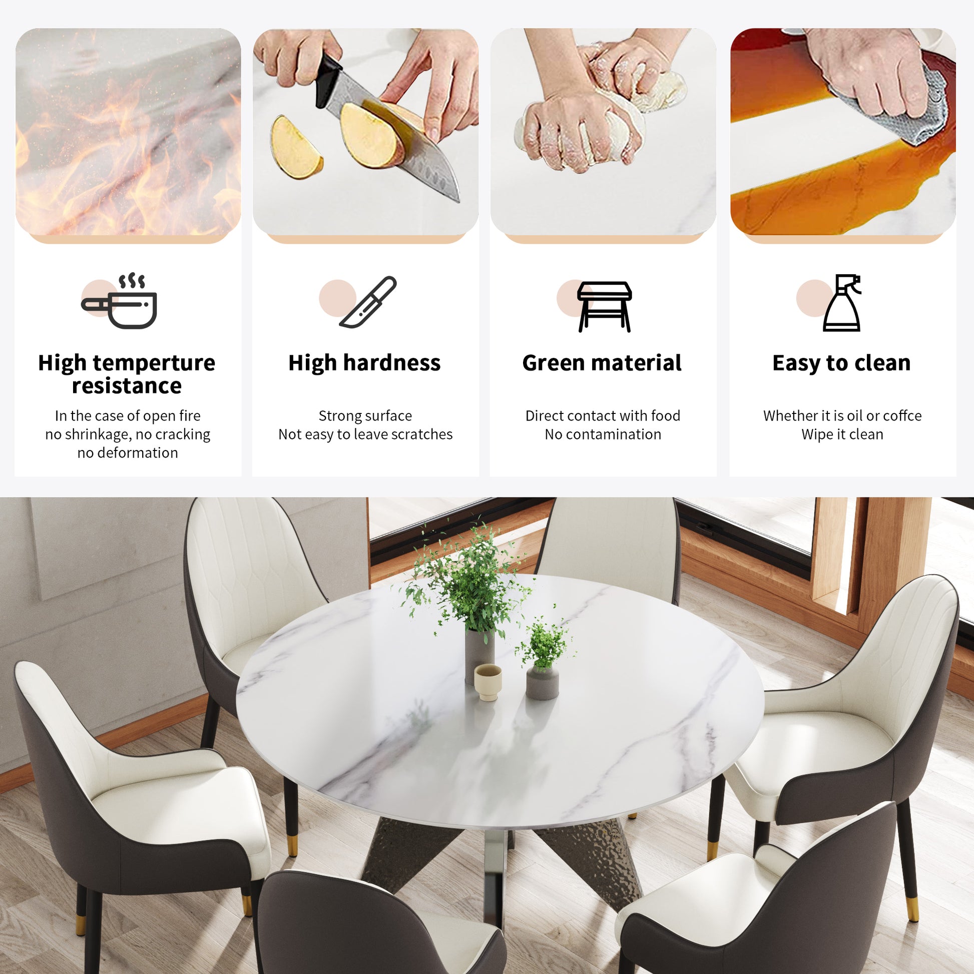 53" Round Marble Dining Table With Silver Stainless Steel Design Base, Artificial Marble For 6 People, Dining Room Living Room Kitchen Dining Table,White Dining Table Only Silver,White Dining Room