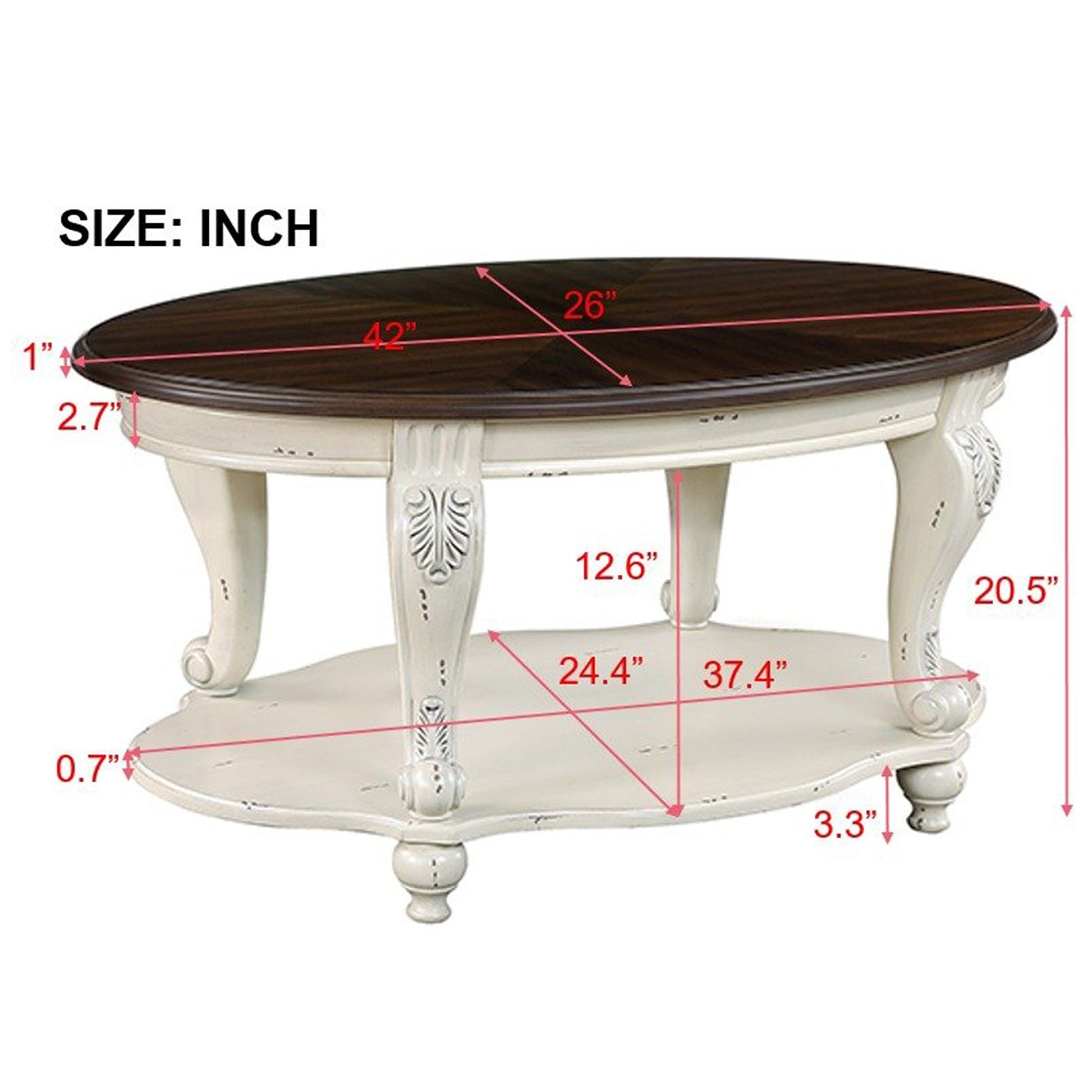 42'' Oval Wood Coffee Table For Living Room, 2 Tier Solid Wood Cocktail Table With Open Storage Shelf, Easy Assembly, Antique White& Cherry Top Written On Box Is Antique White And Light Espresso Top Antique White Rubber Wood