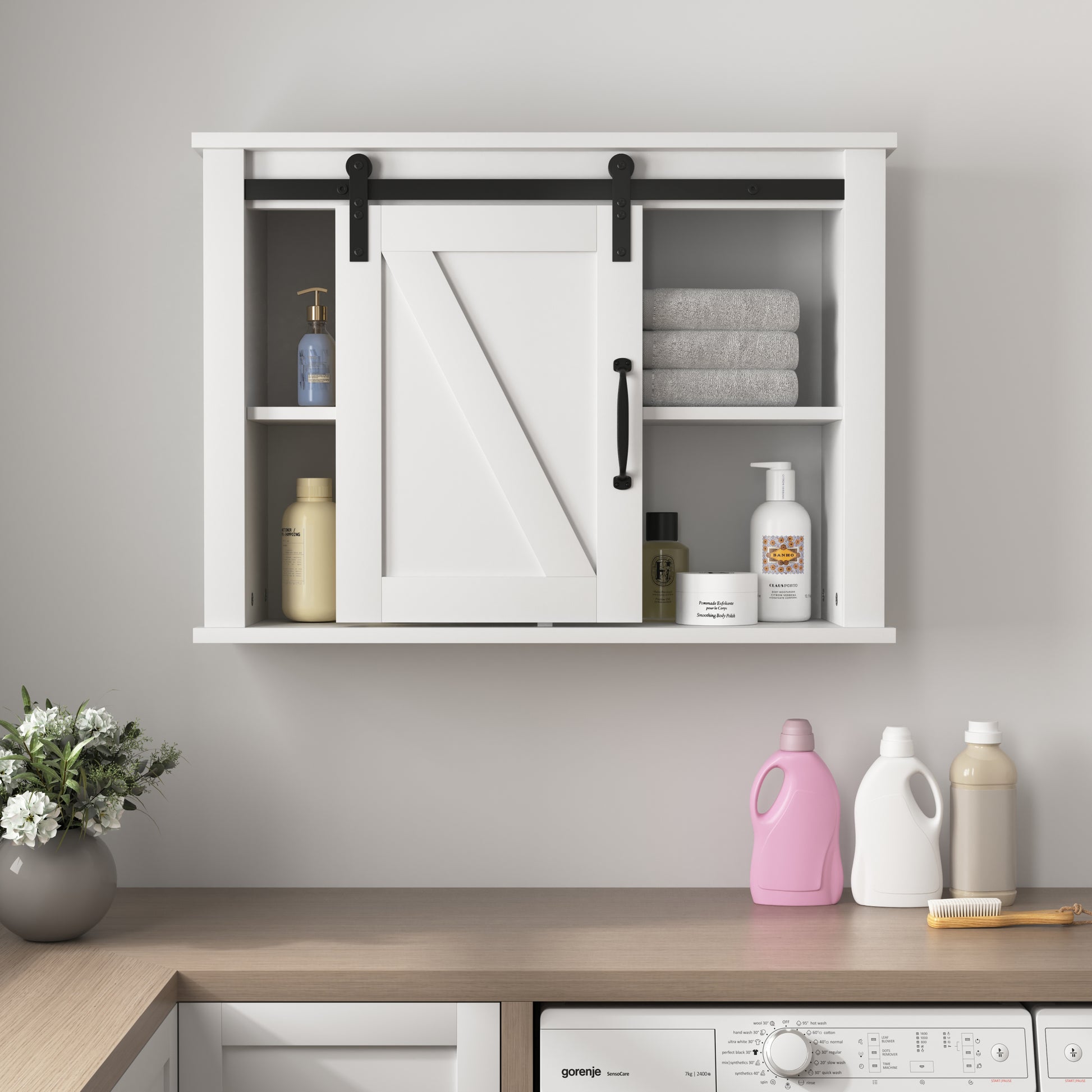 Bathroom Wall Cabinet With 2 Adjustable Shelves Wooden Storage Cabinet With A Barn Door 27.16X7.8X19.68 Inch White Mdf