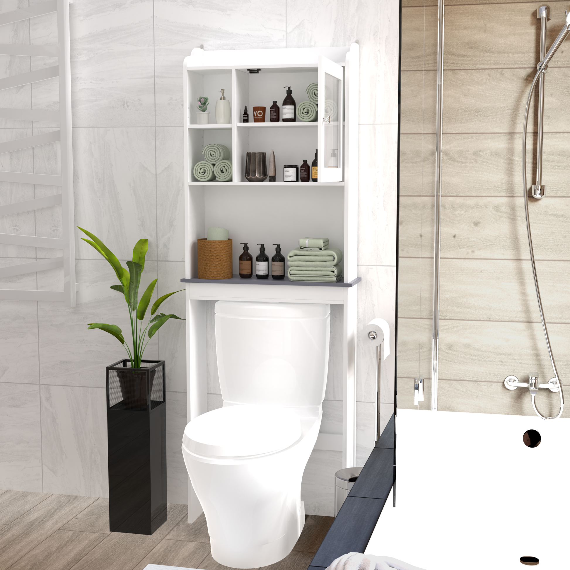 Modern Over The Toilet Space Saver Organization Wood Storage Cabinet For Home, Bathroom White White Mdf