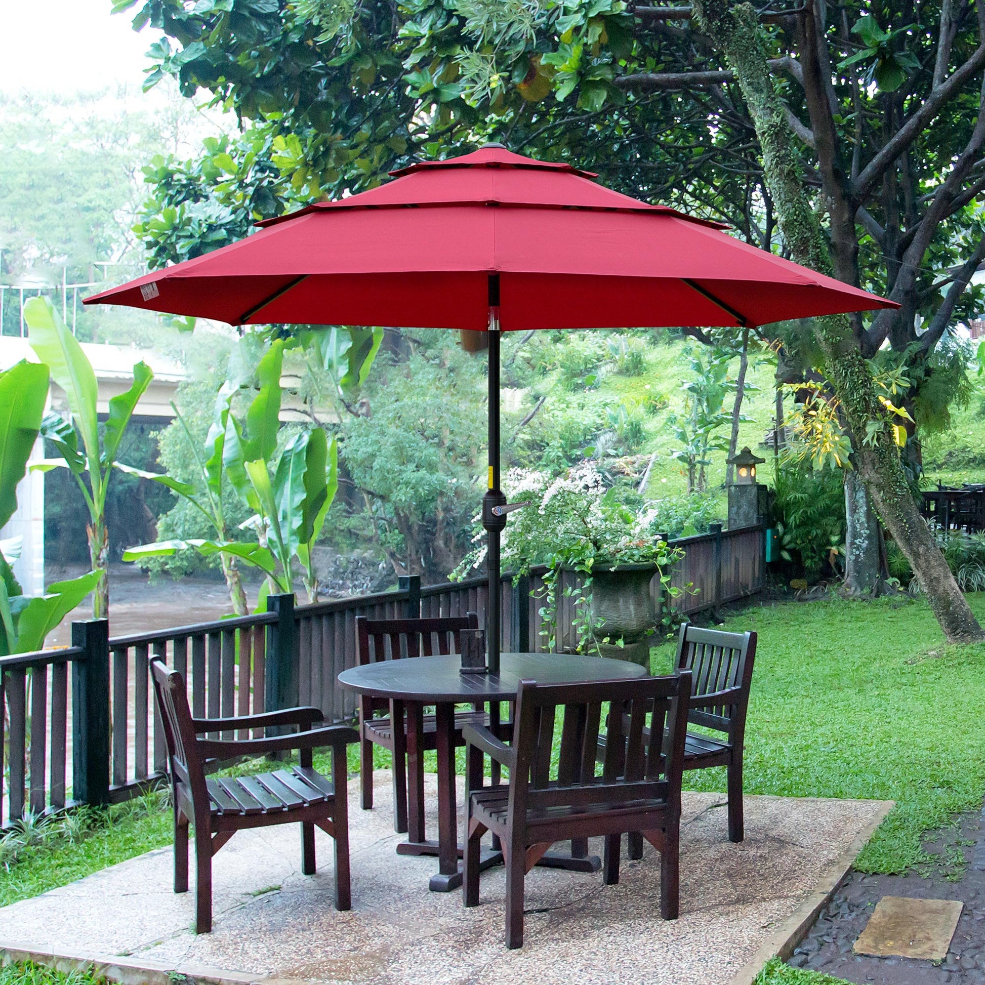 Outsunny 9Ft 3 Tiers Patio Umbrella Outdoor Market Umbrella With Crank, Push Button Tilt For Deck, Backyard And Lawn, Wine Red Wine Red Polyester