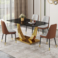 Table And Chair Set.Modern Rectangular Dining Table With Black Textured Stickers Glass Tabletop And Gold Plated Metal Legs.Paried With 4 Comfortable Chairs With Pu Seats And Black Metal Legs. Black Gold,Brown,Light Gray Seats 4 Glass Metal