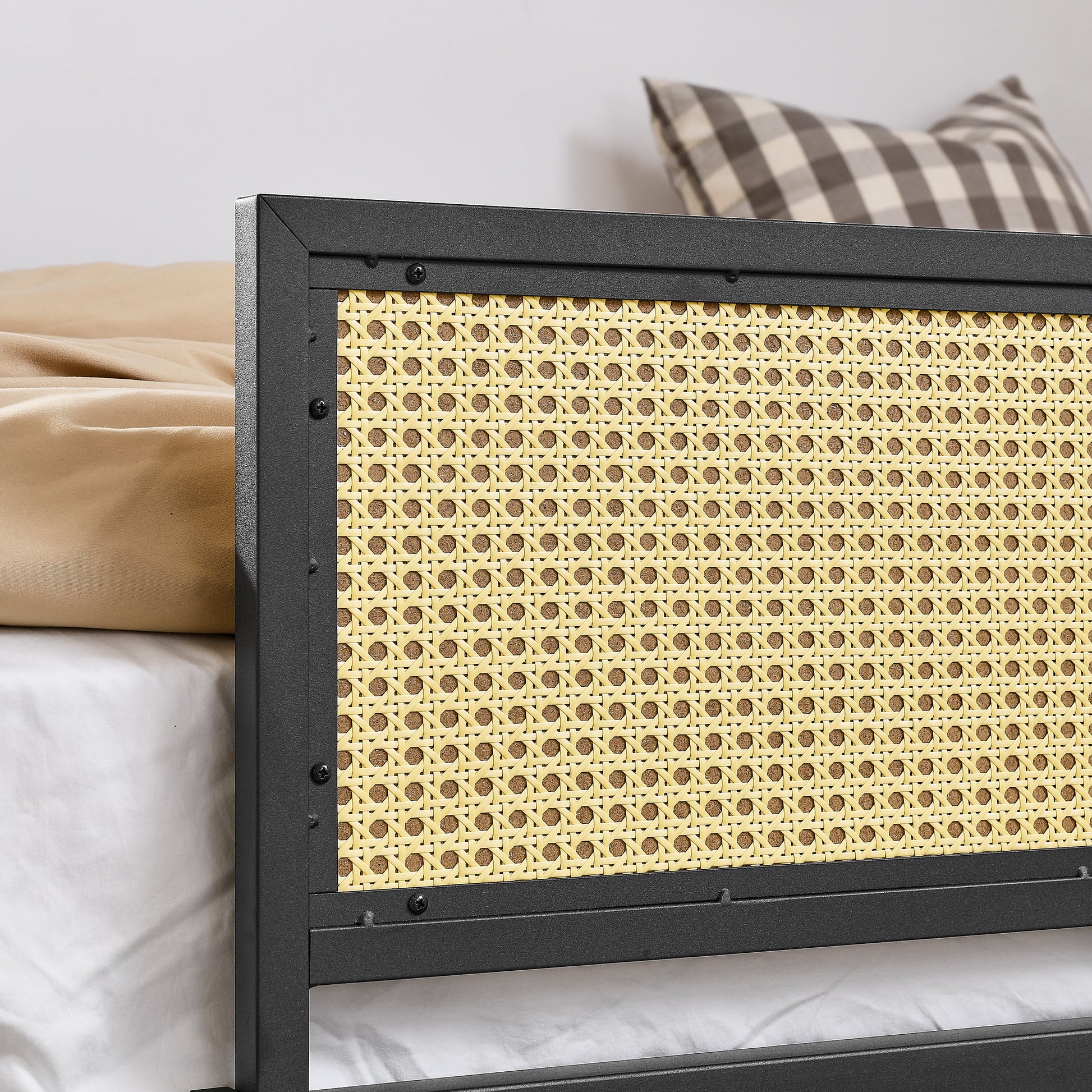 Single Metal Loft Bed With Rectangular Desk, Led Lights, Led Loft Bed Frame Double Bed With Storage Shelves And Hanging Storage Compartments, Safety Guard And Ladder, No Box Springs Required, Rattan G Full Black Brown Mdf Iron