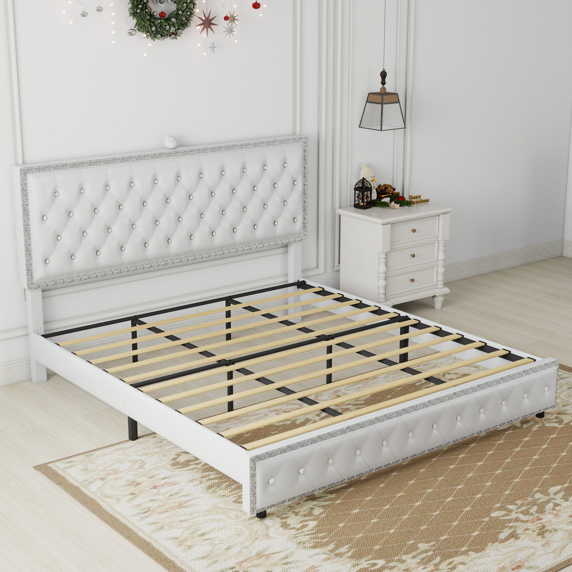 Queen Size Bed Frame With Star Projector Galaxy Light, Adjustable Upholstered Headboard With Diamond Button, Usb Charger, Music Speaker, Pu Leather White Pu Mdf Metal