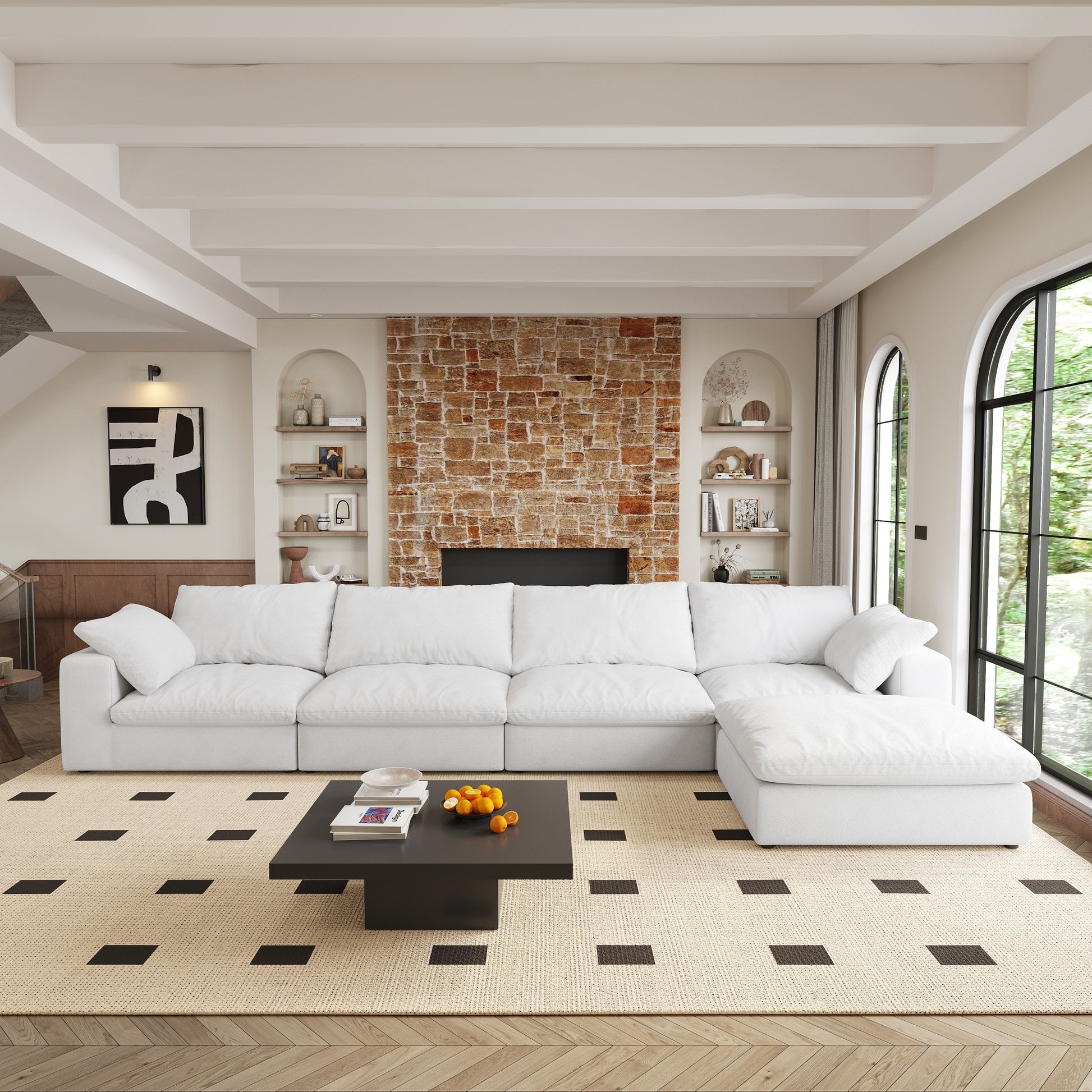 Cloud Modular Sectional Sofa 160" Down Filled Comfort L Shaped Sofa Couch For Living Room,4 Seater And 1 Ottoman White Down Filling,Fabric,Foam 5 Seat