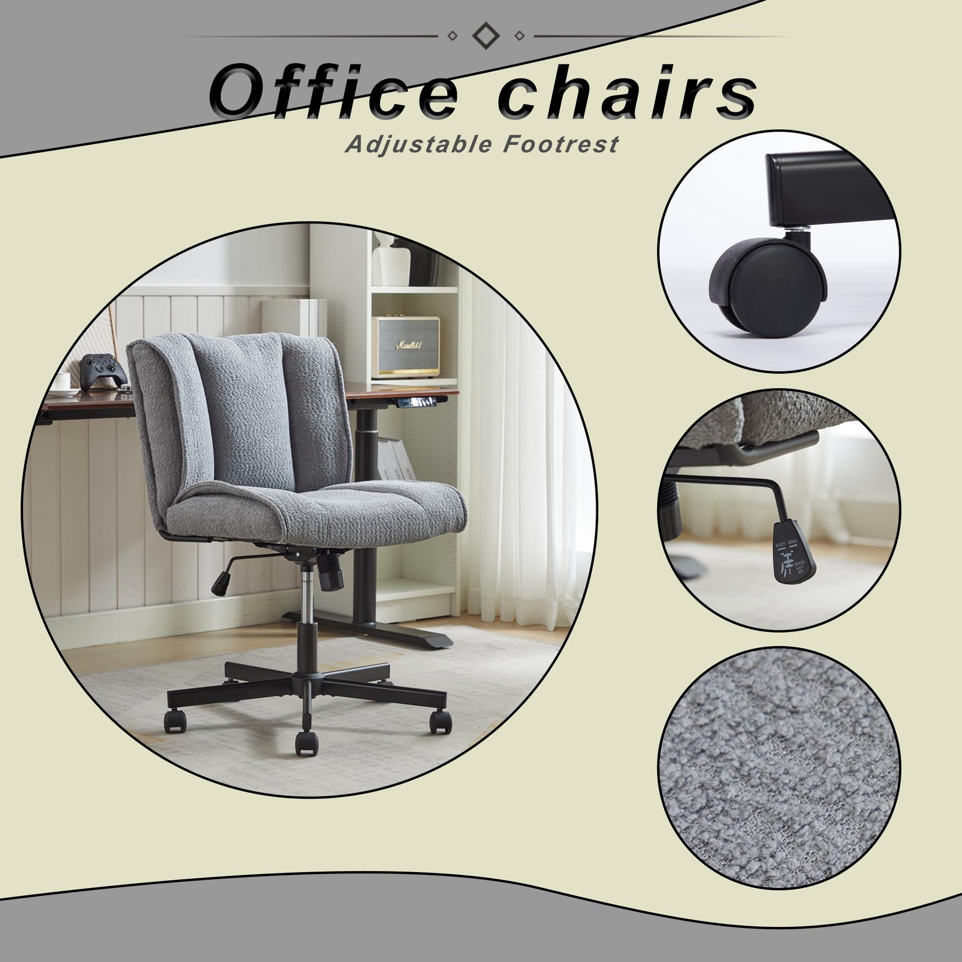 Armless Desk Chairs With Wheels Office Chair Vanity Chair With Technical Cloth Adjustable Swivel Computer Task Chairs For Home Base, Bedroom,Pink Gray Gray Polyester Blend
