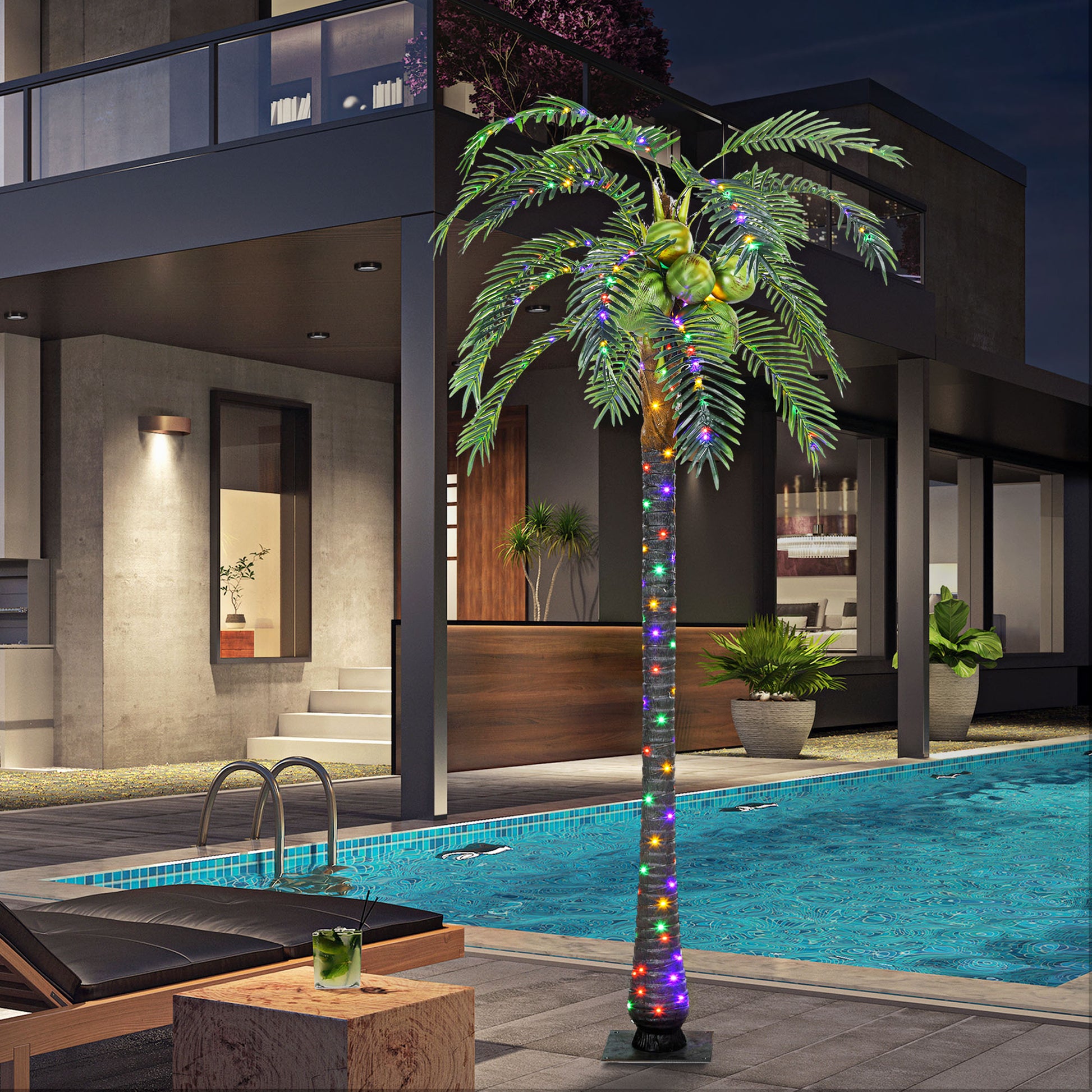 outdoor lighted palm tree with coconuts Outsunny 7' Artificial Lighted Palm Tree With 5 Coconuts, 280 Led Light, Color Changing Light Up Tropical Palm Tree With Remote For Indoor, Outdoor,