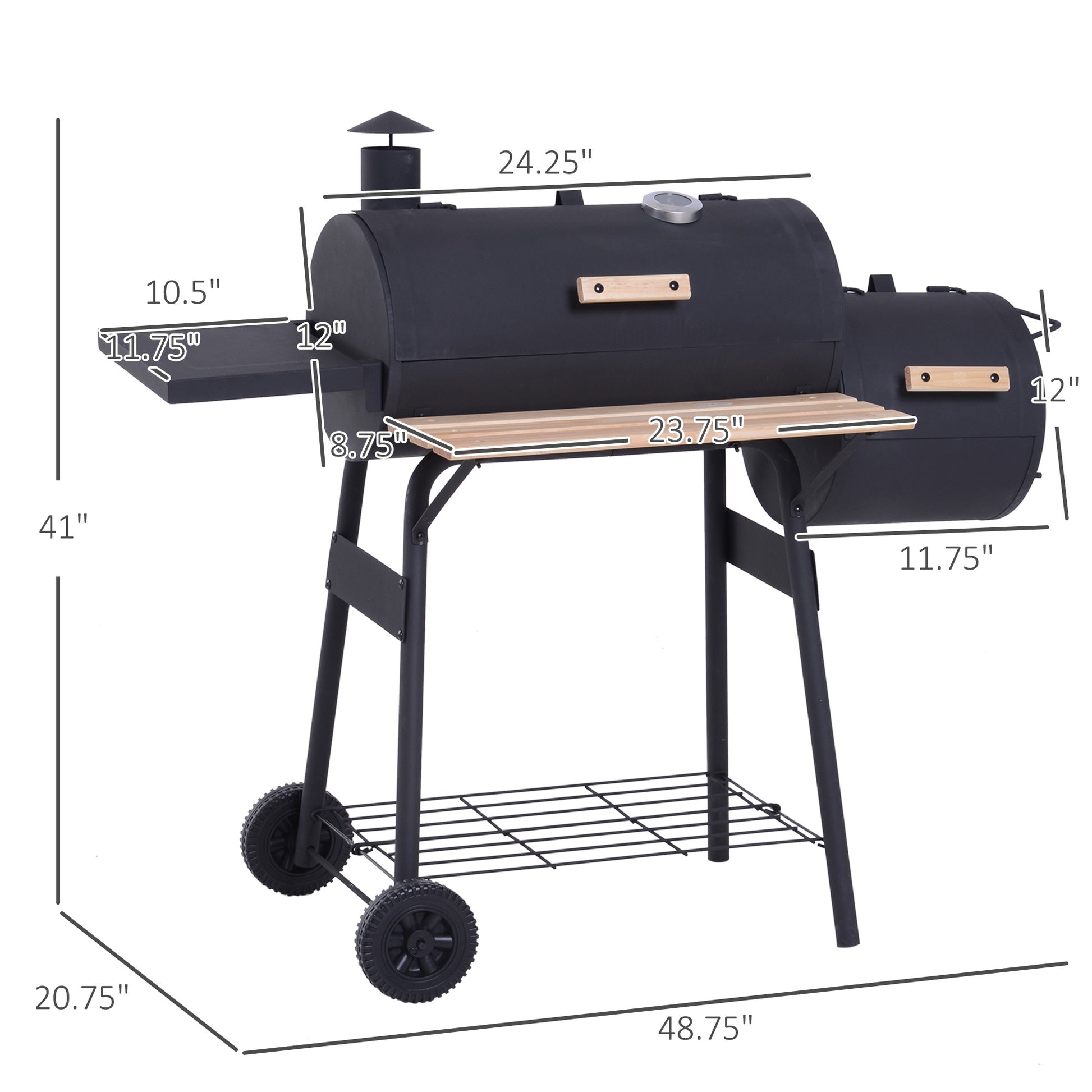 Outsunny 48" Steel Portable Backyard Charcoal Bbq Grill And Offset Smoker Combo With Wheels Black Steel