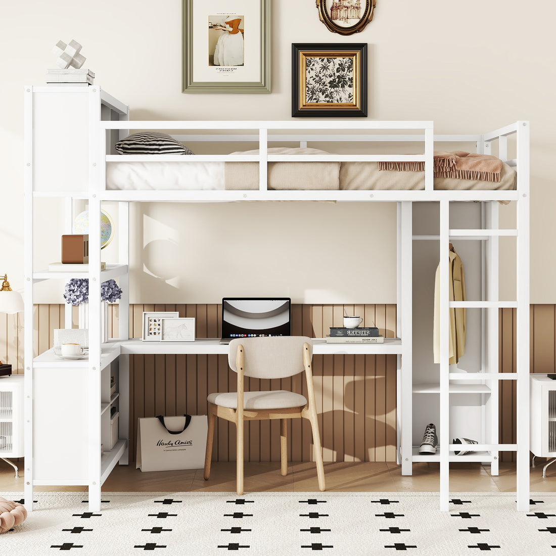 Metal Loft Bed With Wardrobe And L Shaped Desk, Full Size Loft Bed With Storage Cubes And Shelves, Heavy Duty Loft Bed For Kids Teens Adults, White Pre Sale Date: August 10Th Full Off White Metal