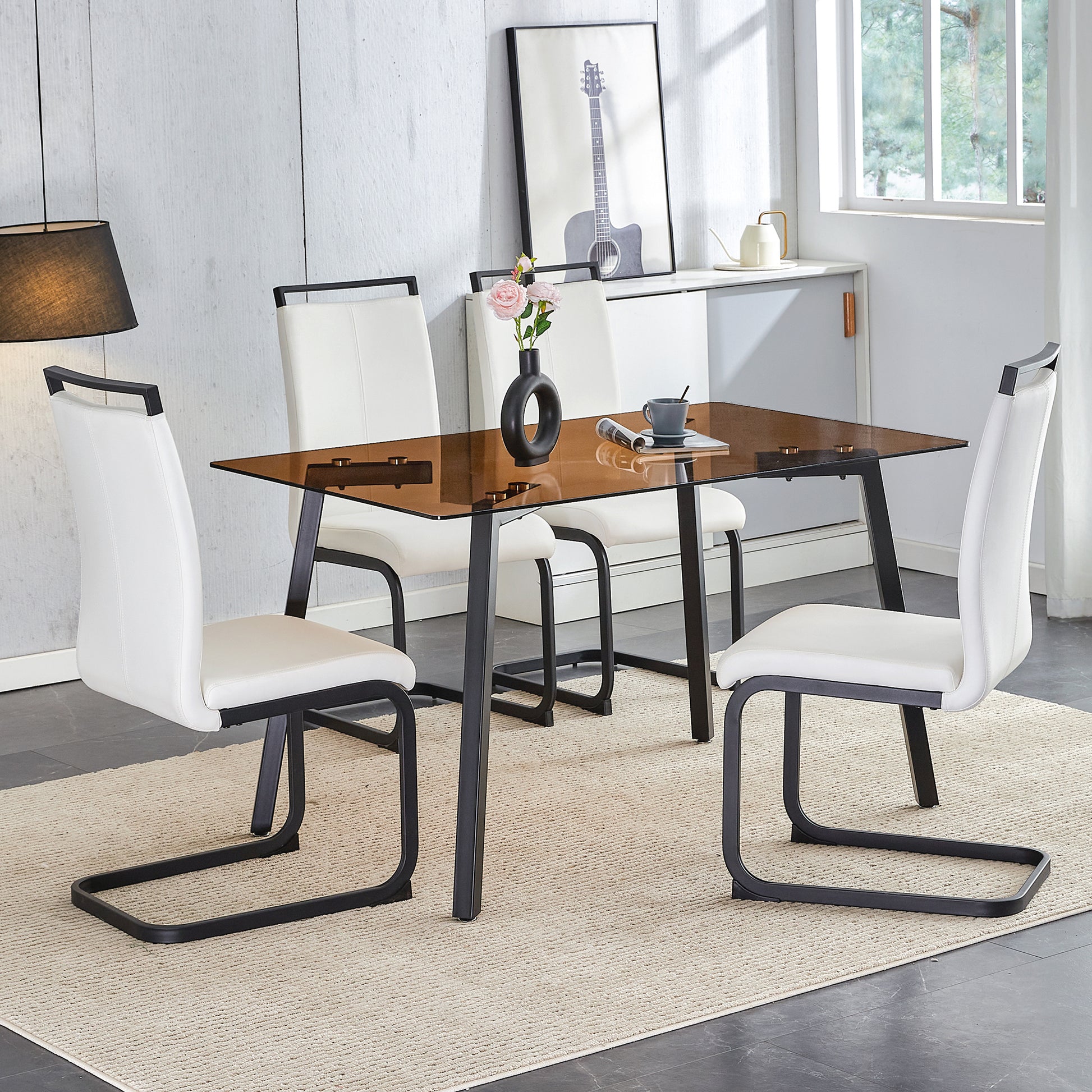 Table And Chair Set. Large Modern Rectangular Table With Brown Glass Top And Black Metal Legs. It Is Equipped With Soft And Comfortable Pu Seats, Faux Leather Upholstered Seats, And Sturdy Metal Legs. White Seats 4 Glass Metal