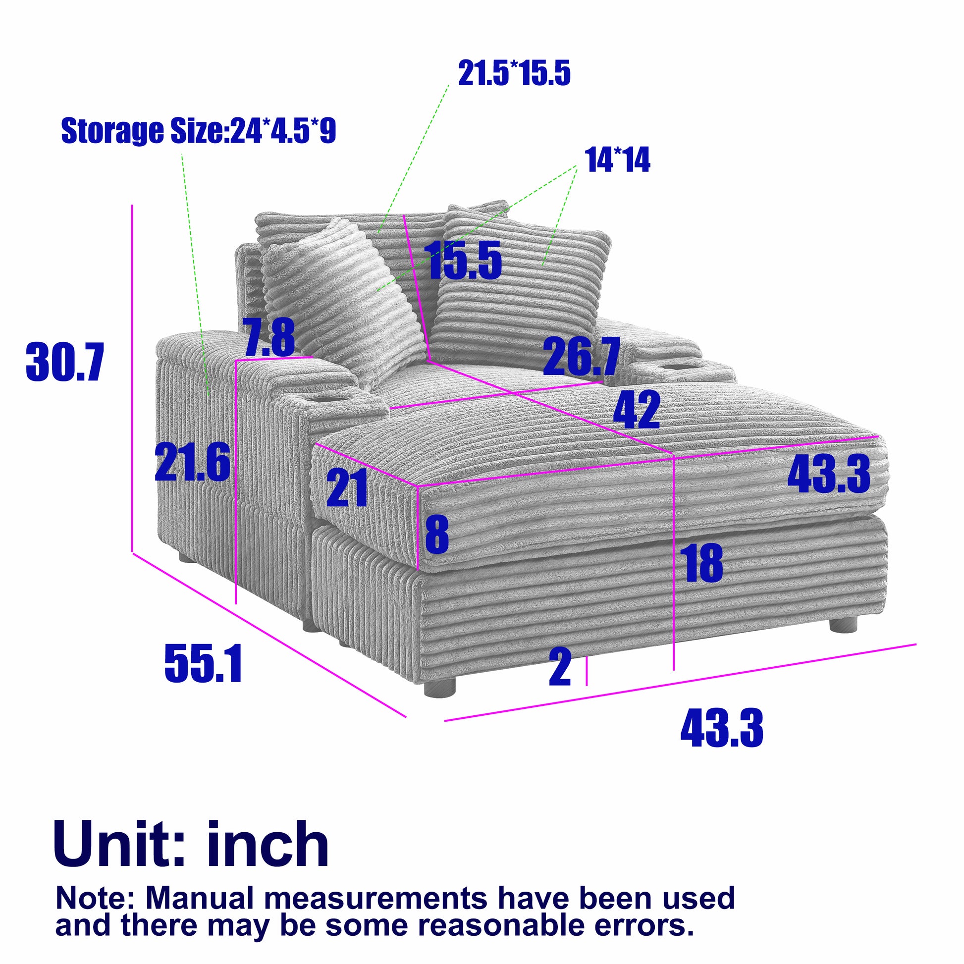 43.3 Inch Corduroy Single Sofa With A Back Pillow2 Toss Pillowsa Ottoman ,2Storage Spaces And Cup Holding Grooves Comfy Sofa Deep Seat Couch For Living Room Ginger Foam Corduroy 1 Seat