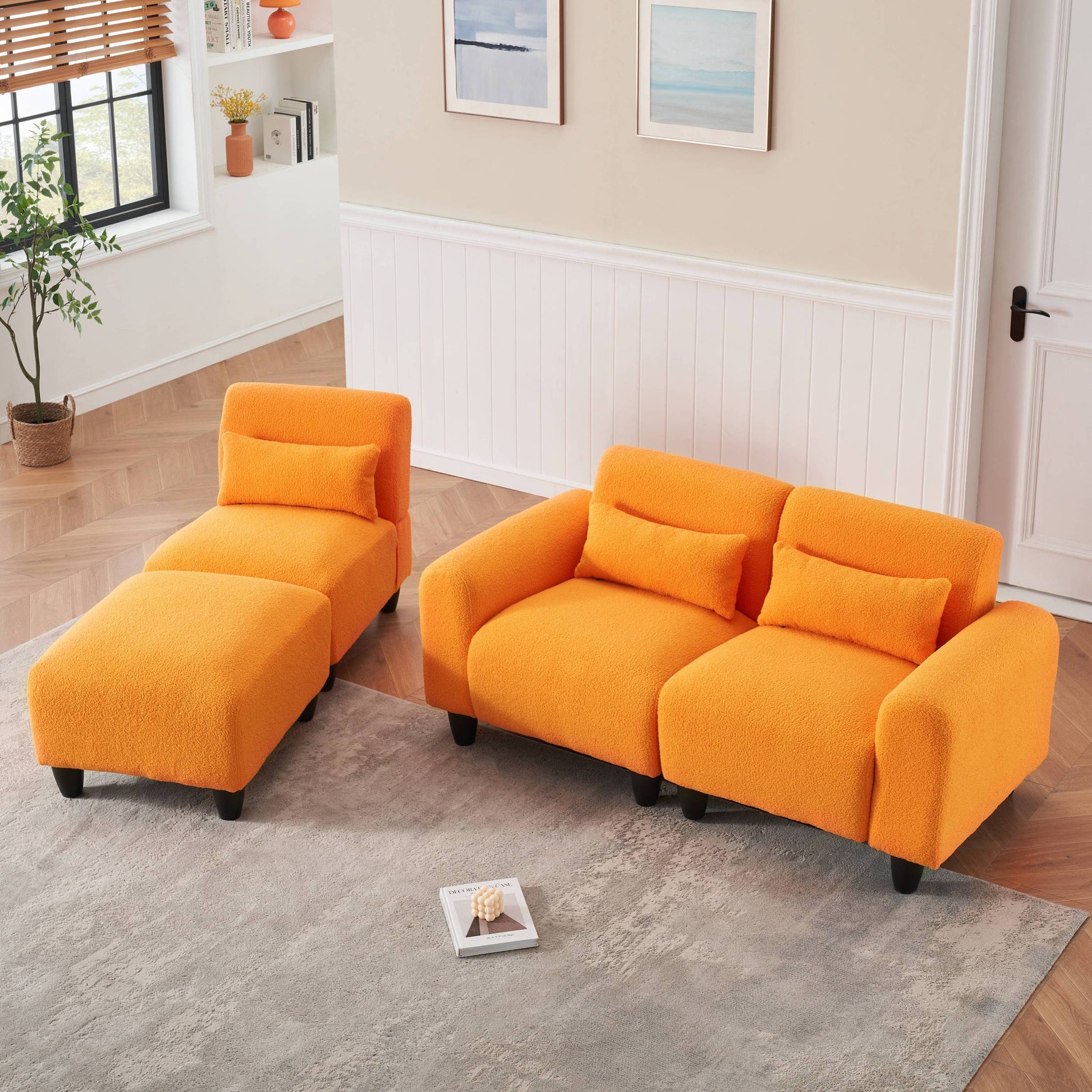 The 84.6 Inch Orange Teddy Fleece Creative Sofa Can Be Assembled Into A Two Seater Sofa With A Single Couch With Three Waist Pillows To Perfectly Stretch Your Waist For Small Apartment Bedroom Spaces Orange Polyester Blend 4 Seat