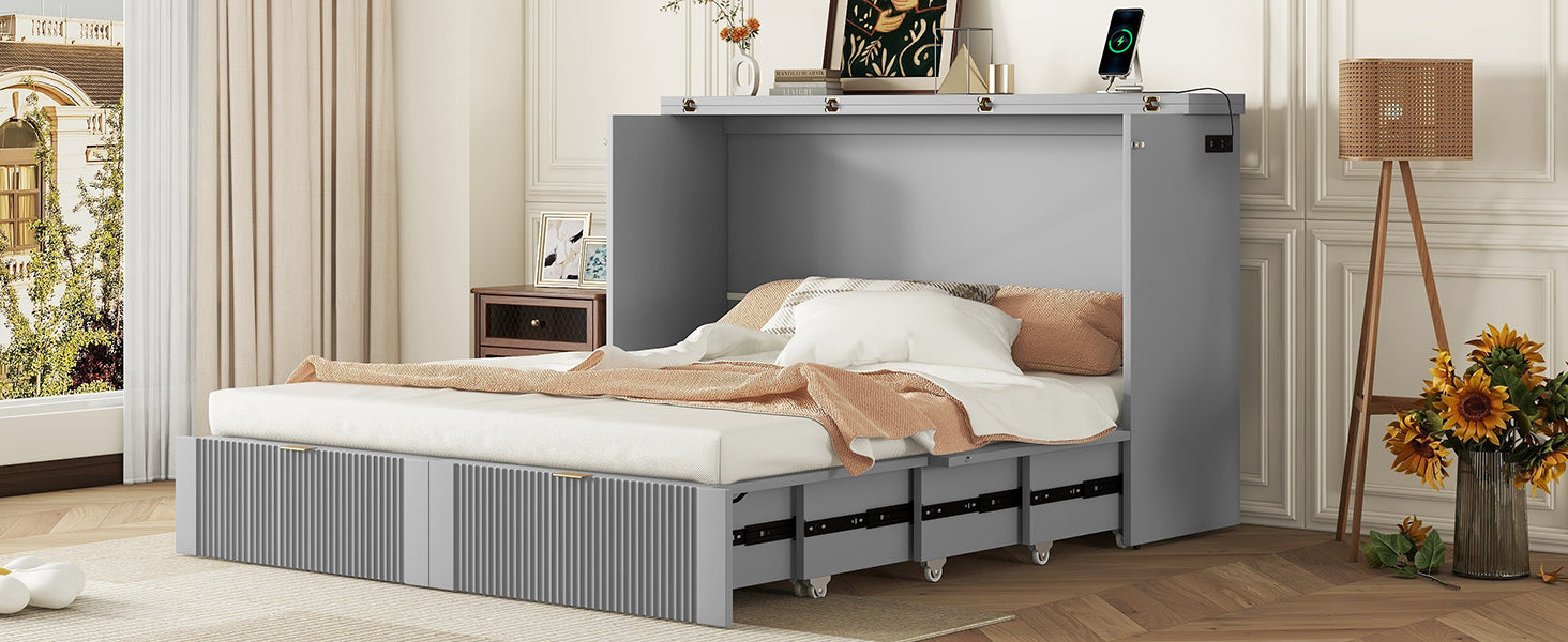 Queen Size Murphy Bed Wall Bed With Drawer And A Set Of Sockets & Usb Ports, Pulley Structure Design, Gray Queen Gray Plywood