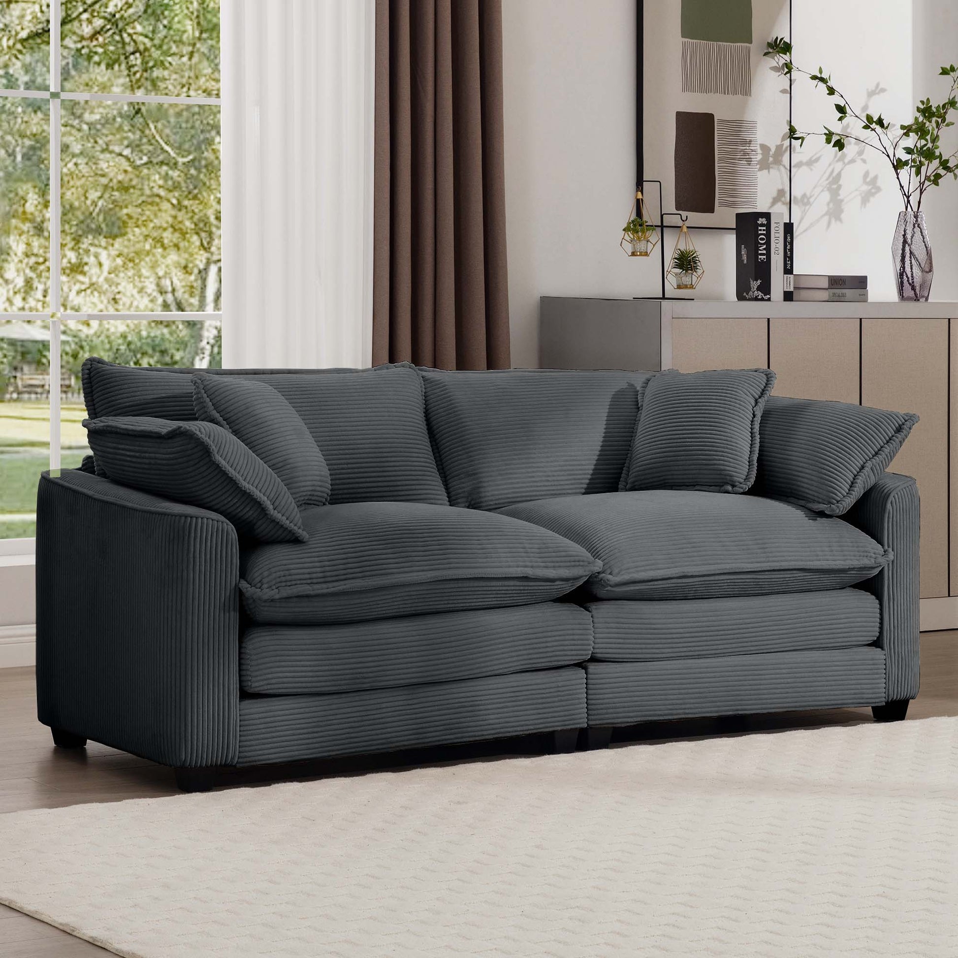Modern Fabric Living Room Sofa With 4 Pillows Upholstered Large Deep Seating Loveseat, Grey Corduroy Grey Corduroy 2 Seat