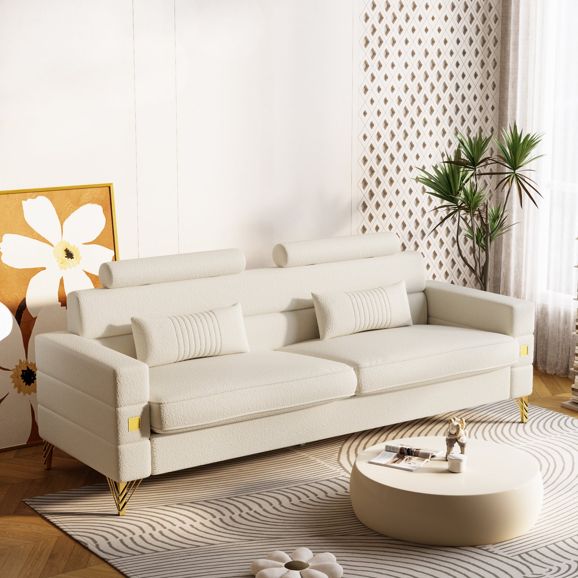 Fx P15 Wb Sofa Elegant White Imitation Wool Circle Fabric Sofa With Adjustable Headrests Contemporary 3 Seat Couch With Gold Legs, Perfect For Living Room And Office Decor Temu Suitable White Velvet 3 Seat