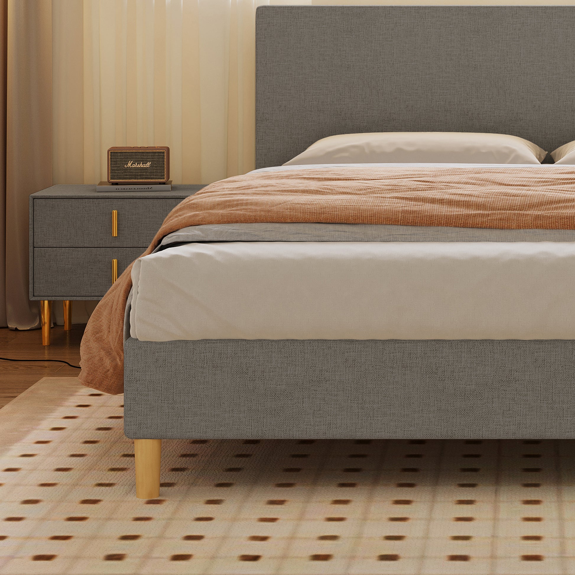 Queen Size Bed, Cotton Linen Fabric, Simple Style, Stable Structure, Easy To Install, Dark Gray Queen Dark Gray Mdf Acacia