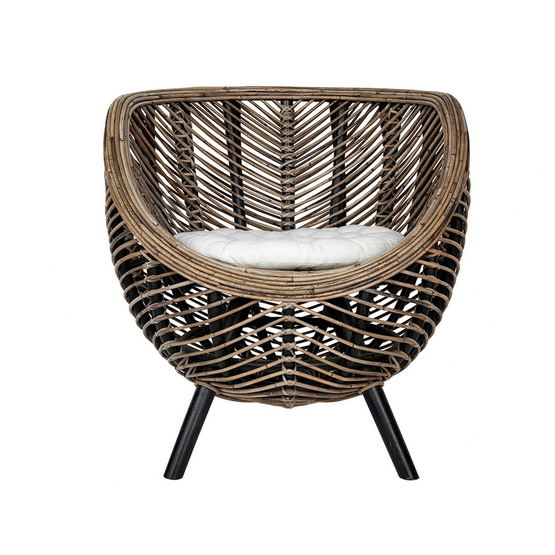 27 Inch Accent Chair, Rattan Frame, Curved Round Silhouette, Brown, Black Brown Black Wood