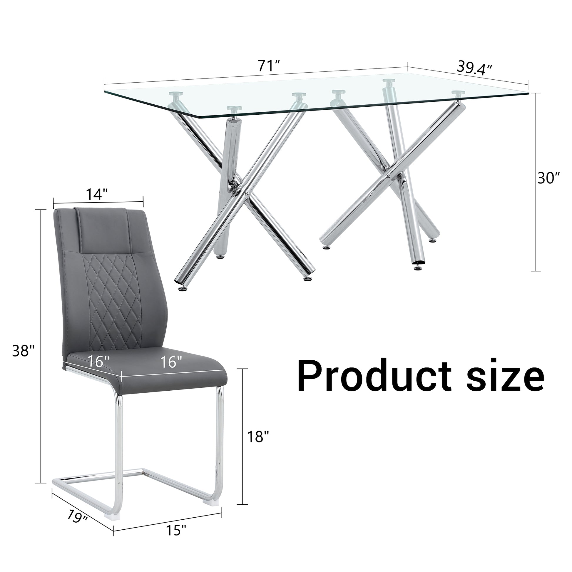 Table And Chair Set.Large Minimalist Rectangular Glass Dining Table For 6 8 With 0.39" Tempered Glass Tabletop And Silver Chrome Metal Legs.Paried With Comfortable Chairs With Pu Seats And Metal