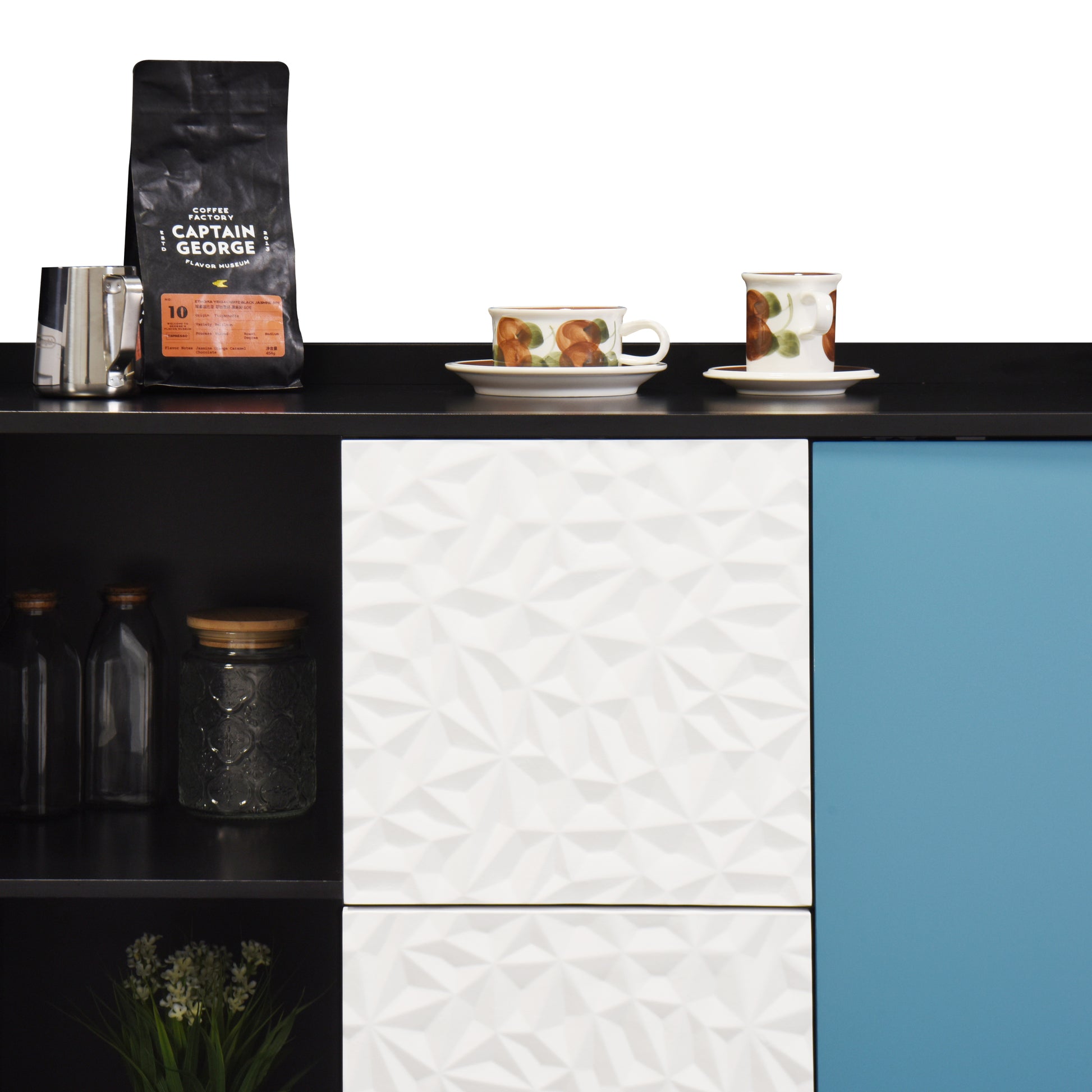 Sideboard Buffet Cabinet, Black Storage Cabinet With Blue Doors2 Drawers With Unique Panel Styling And 2 Open Storage Compartment, Modern Coffee Bar Cabinet Accent Cabinet For Kitchen, Dining Room Black Blue Mdf