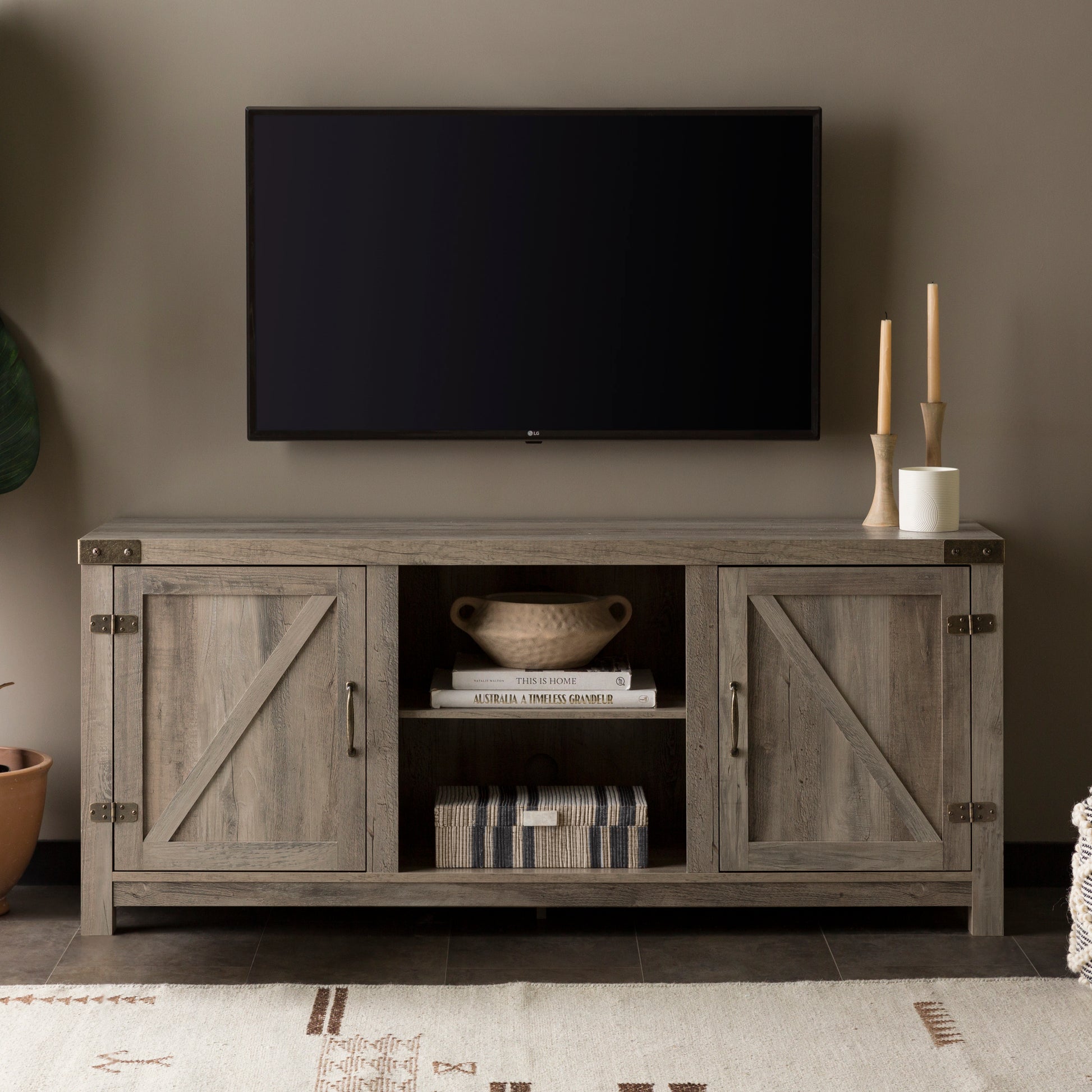 Farmhouse Barn Door Tv Stand For Tvs Up To 65" Grey Wash Gray Wash Mdf