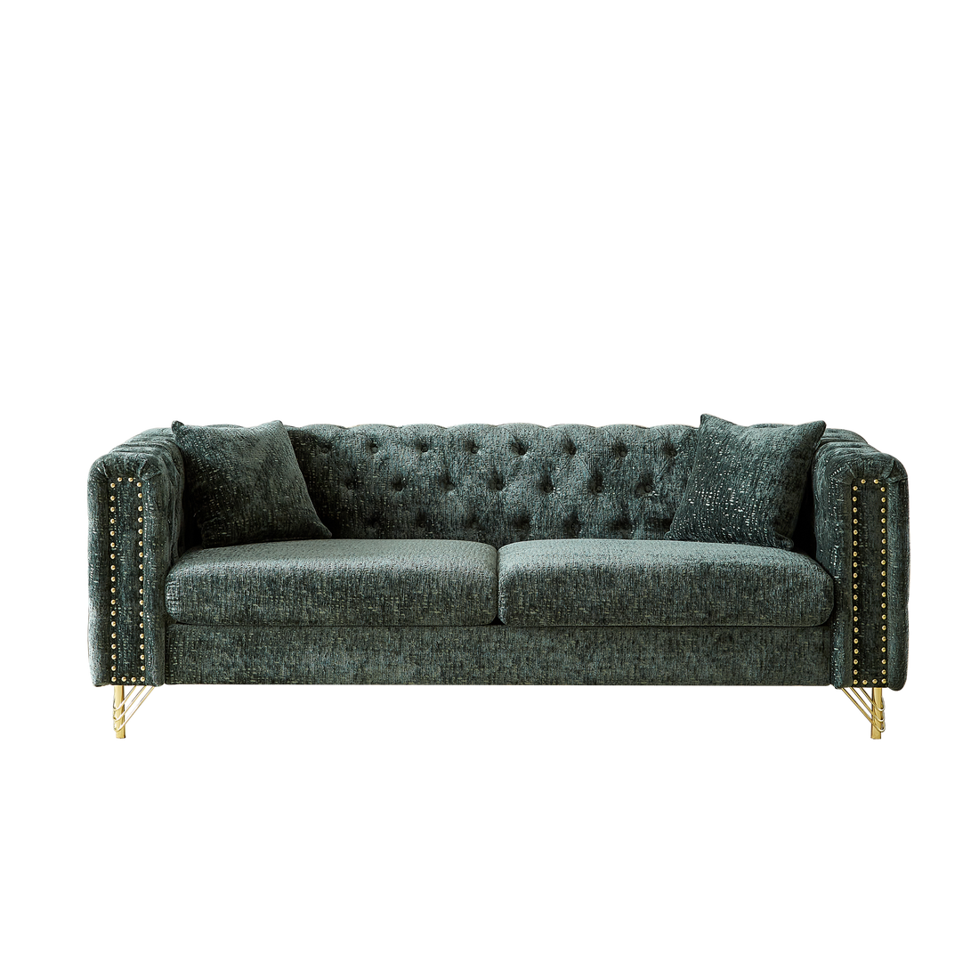 82 Inch Chenille Pull Buckle Design Sofa For Living Room,Buttons Tufted With Copper Nail Decoration Armrest, Modern Couch Upholstered Button And Metal Legs Green Foam Chenille 3 Seat
