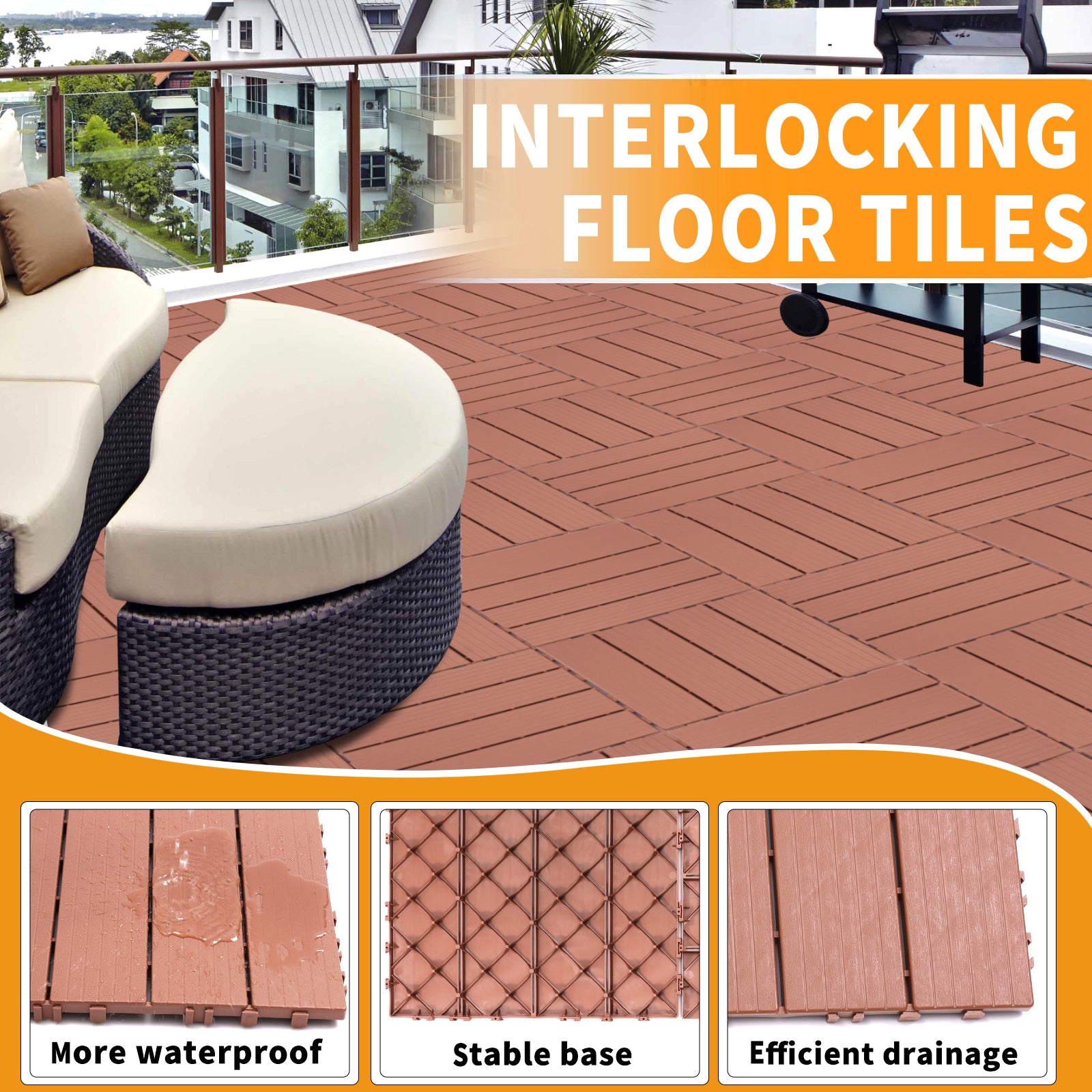 オレンジ プラスチック インターロッキングタイル44枚 Plastic Interlocking Deck Tiles, 11.8