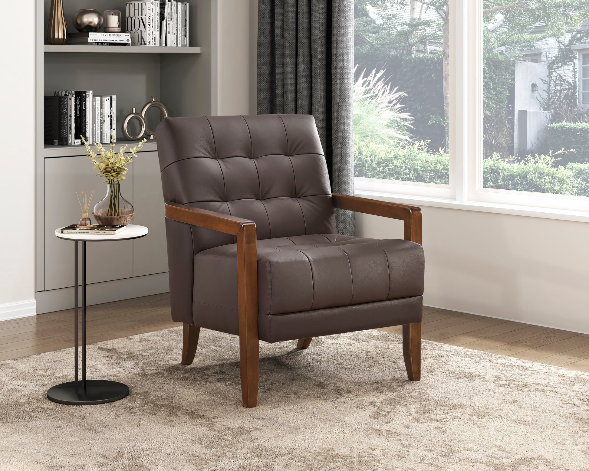 Modern Style Accent Chair Dark Brown Leather Upholstered Tufted Detail Walnut Finish Wood Furniture 1Pc Dark Brown Primary Living Space Contemporary,Modern Plywood