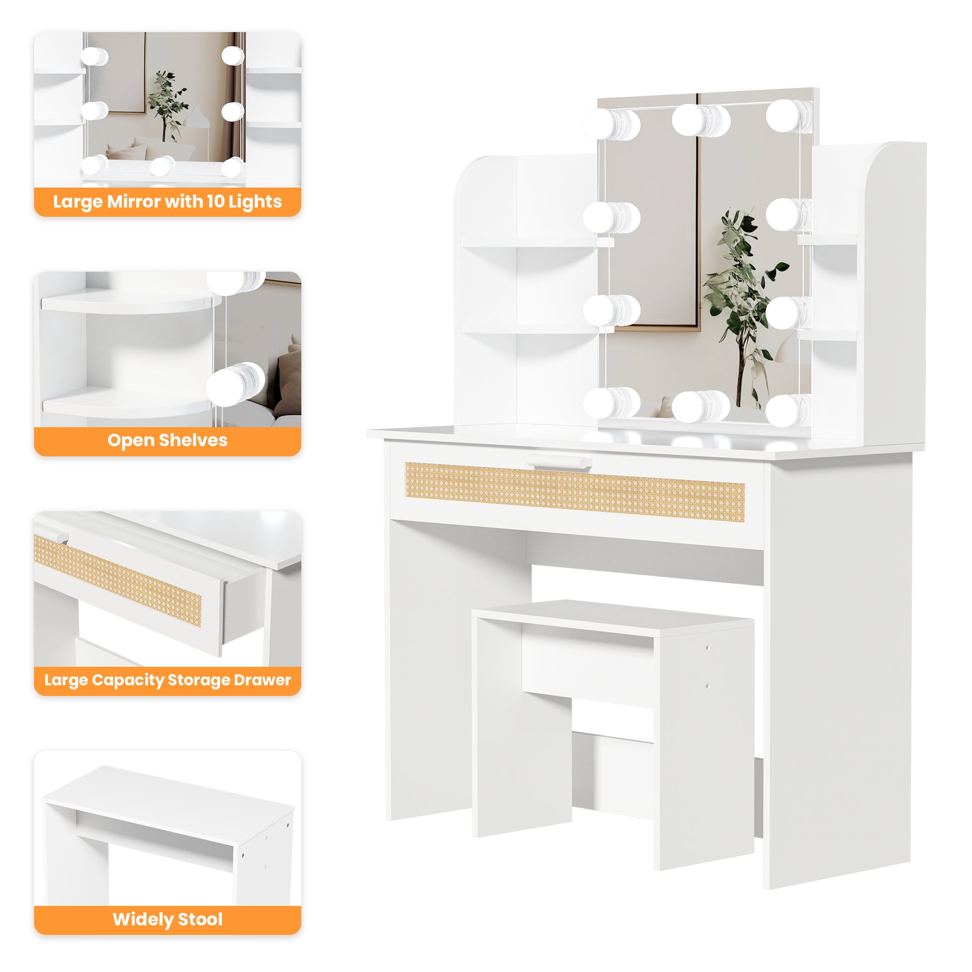 Vanity Desk Set Stool & Dressing Table With Led Lighting Mirror Drawer And Compartments Modern Wood Cosmetic Table Chest Of Drawers White Color Gloss White White 1 Drawer Bedroom Wood