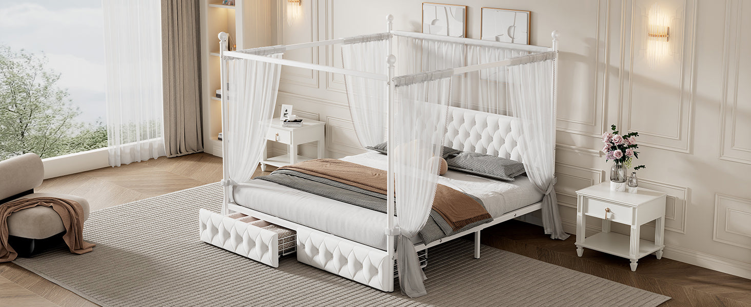 King Size Metal Canopy Platform Bed With Upholstered Headboard And Two Storage Drawers, White King White Metal