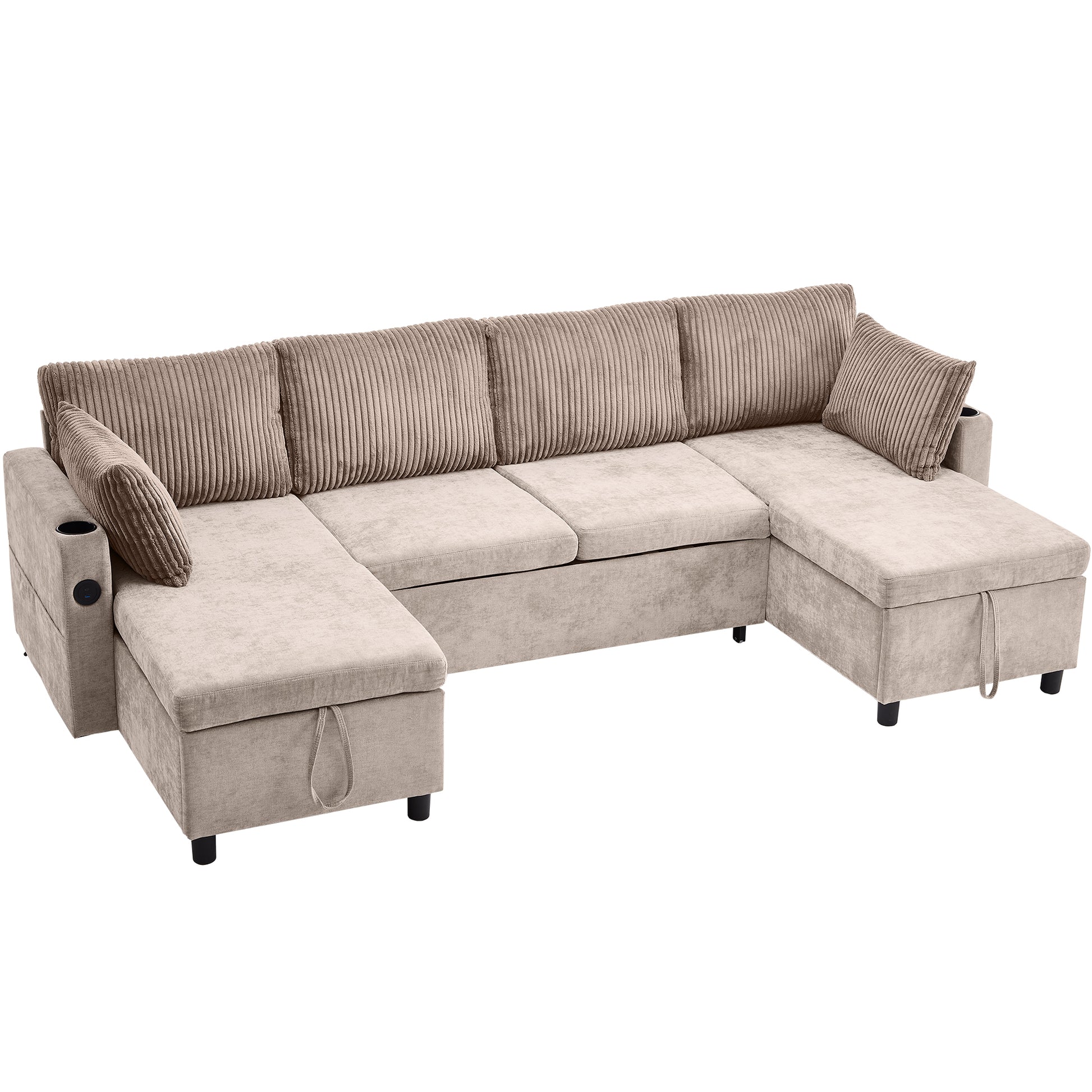 111.8" Sectional Sofa Pull Out Sofa Bed Versatile Sofa Sleeper With Large Storage Space, Two Usb Ports And Two Cup Holders For Living Room, Brown Brown Foam Chenille 4 Seat