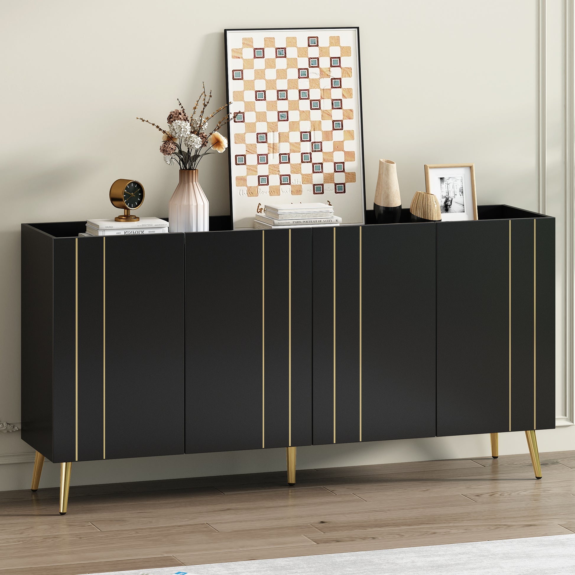 Luxurious Shoe Cabinet With 5 Metal Legs, Modern Tv Stand With 4 Adjustable Shelves For Tvs Up To 70", Minimalist Sideboard Cabinet With Gold Lines Doors For Living Room,62.9"X 31.4",Black Black