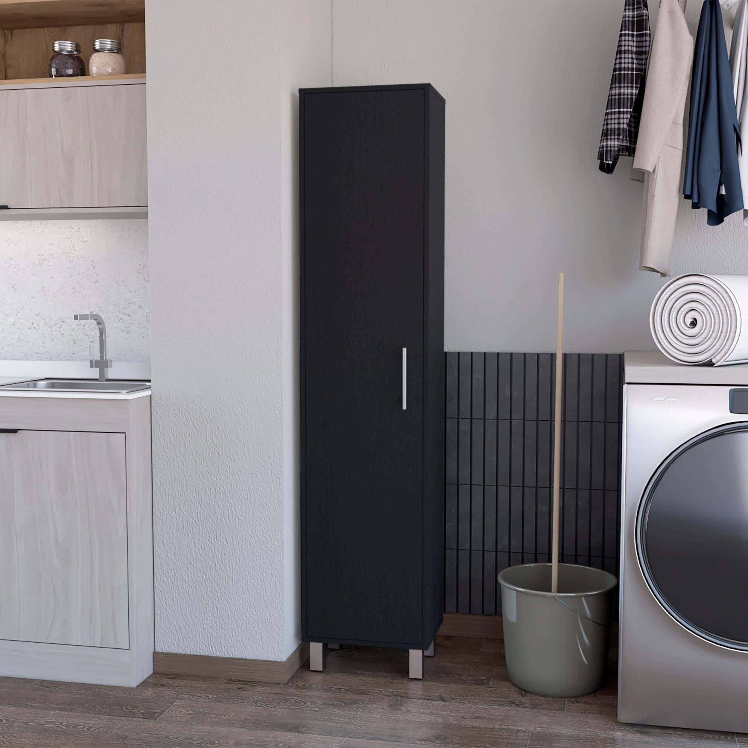 Black 1 Door Cabinet With 3 Broom Hangers Freestanding Black Bathroom