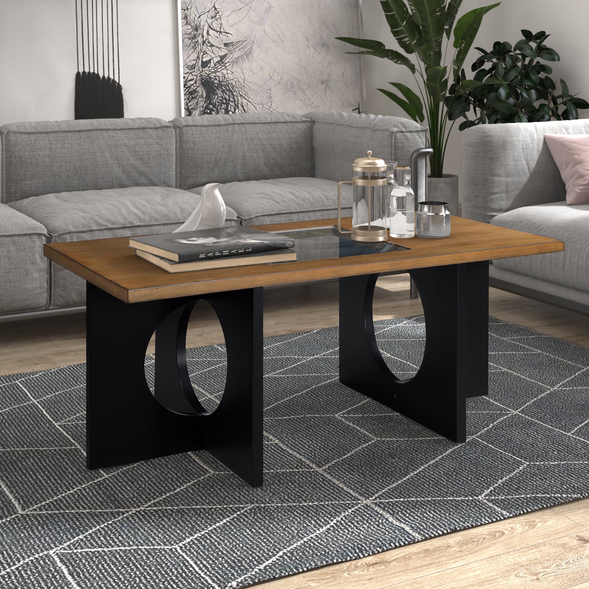 47" Contemporary Wood Rectangular Coffee Table With Clear Tempered Glass Top, Black And Light Espresso Top Black Mdf Glass