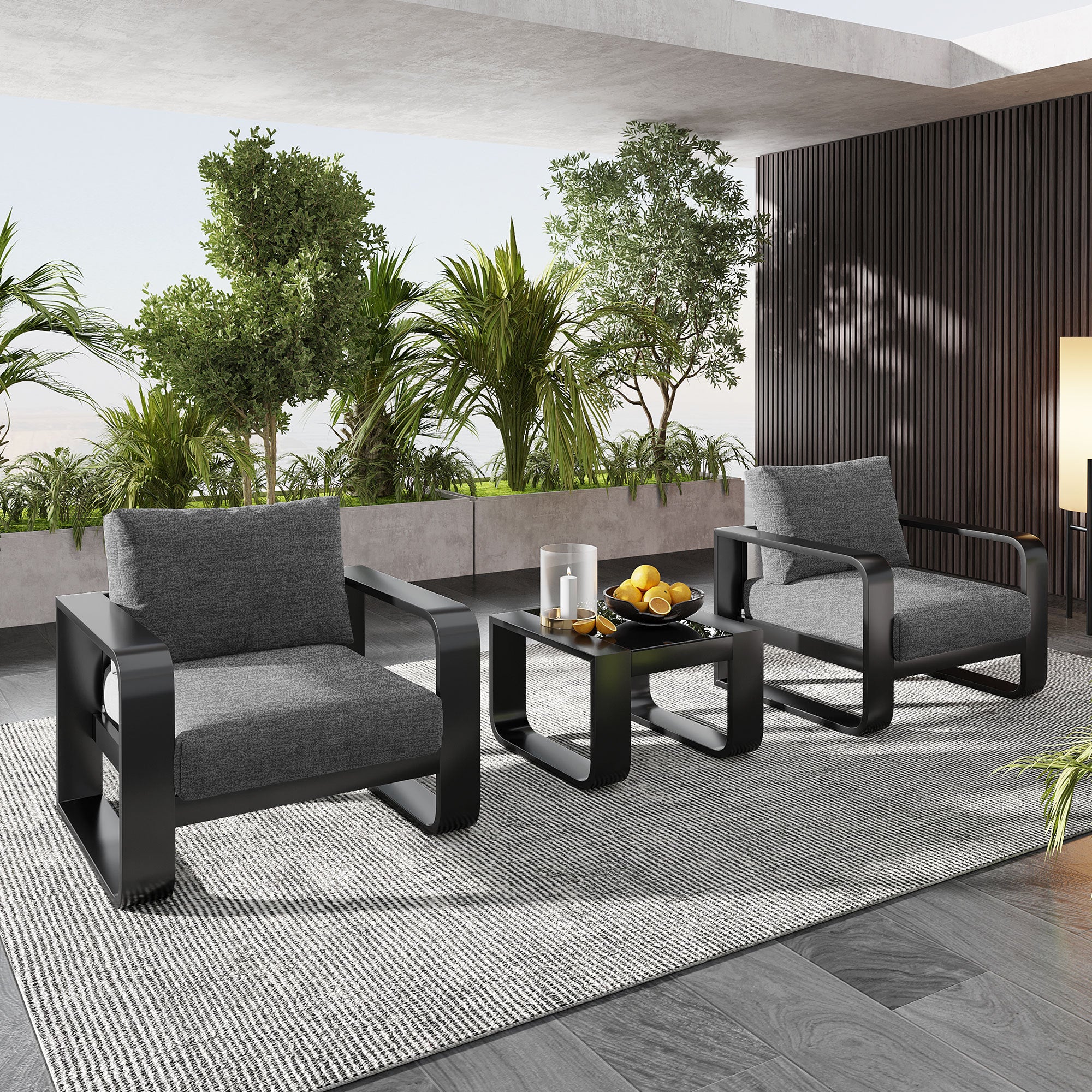 3 Pieces Aluminum Frame Patio Furniture With 6.7" Thick Cushion And Coffee Table, All Weather Use Olefin Fabric Outdoor Chair, Gray And Black Yes Deep Seating Black Gray Weather Resistant Frame Garden & Outdoor Contemporary,Luxury,Modern,Vintage 2 Person