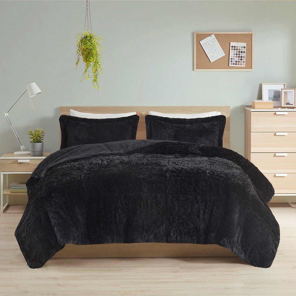 Shaggy Long Fur Comforter Mini Set King Black Polyester