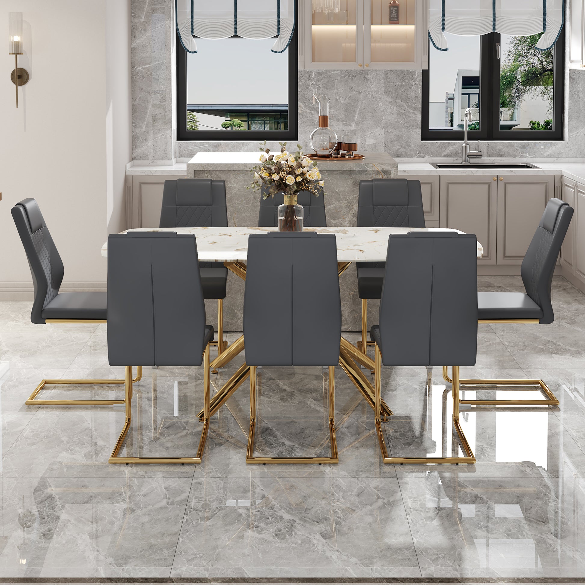 Table And Chair Set.Modern Luxurious Tempered Glass Dining Table Set With 8 Gold Metal Legs And Pu Chairs.White Marble Patterned Sticker Tabletop,Dark Gray Chairs With Gold Metal Legs. Gold,Gray