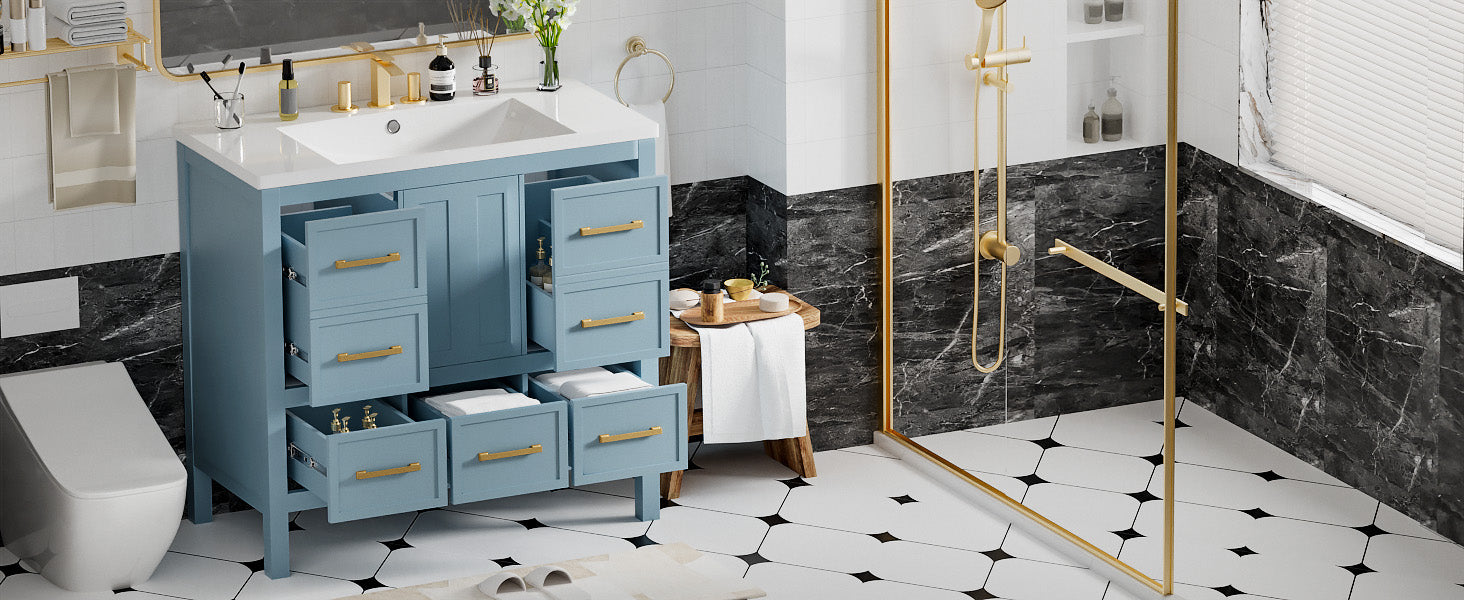 36'' Bathroom Vanity With Resin Sink Combo, Solid Wood Frame Bathroom Storage Cabinet, Freestanding Vanity Set With 5 Drawers& Soft Closing Doors Same As Sw000142Aam Blue Bathroom Solid Wood Mdf Resin