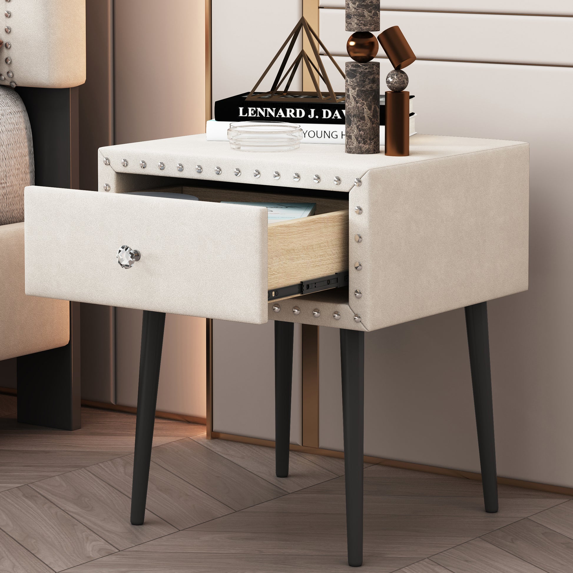 Modern Nightstands Set Of 2 With Drawer And Crystal Handle, Elegant Rivet Velvet Design Bedside Table For Bedroom, Beige Beige 1 Drawer Bedside Cabinet Mdf