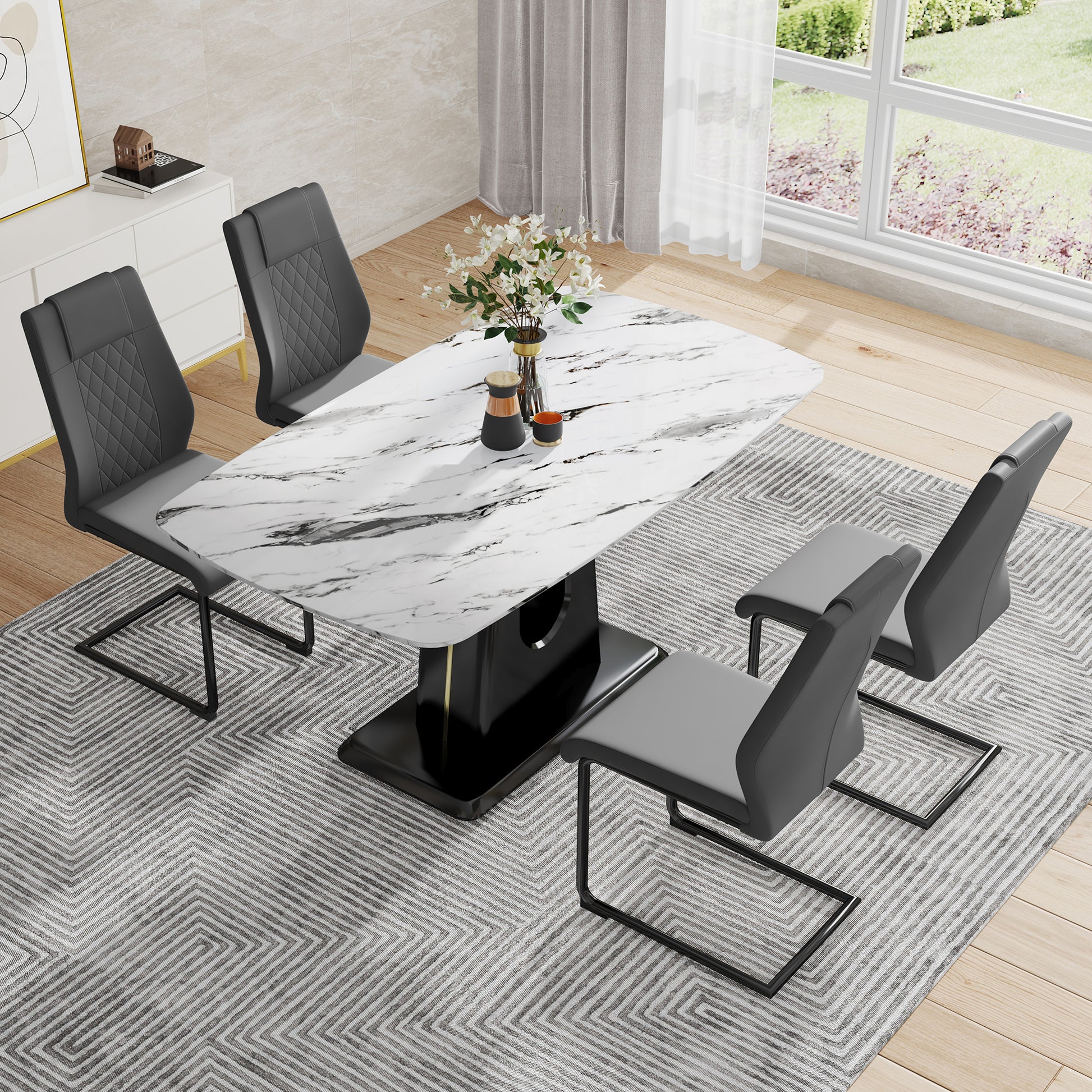 Table And Chair Set, Modern And Minimalist Dining Table, Imitation Marble Patterned Tabletop, Mdf Legs With U Shaped Brackets. Paired With Comfortable Chairs, Suitable For Dining And Living Rooms. Black Mdf Glass