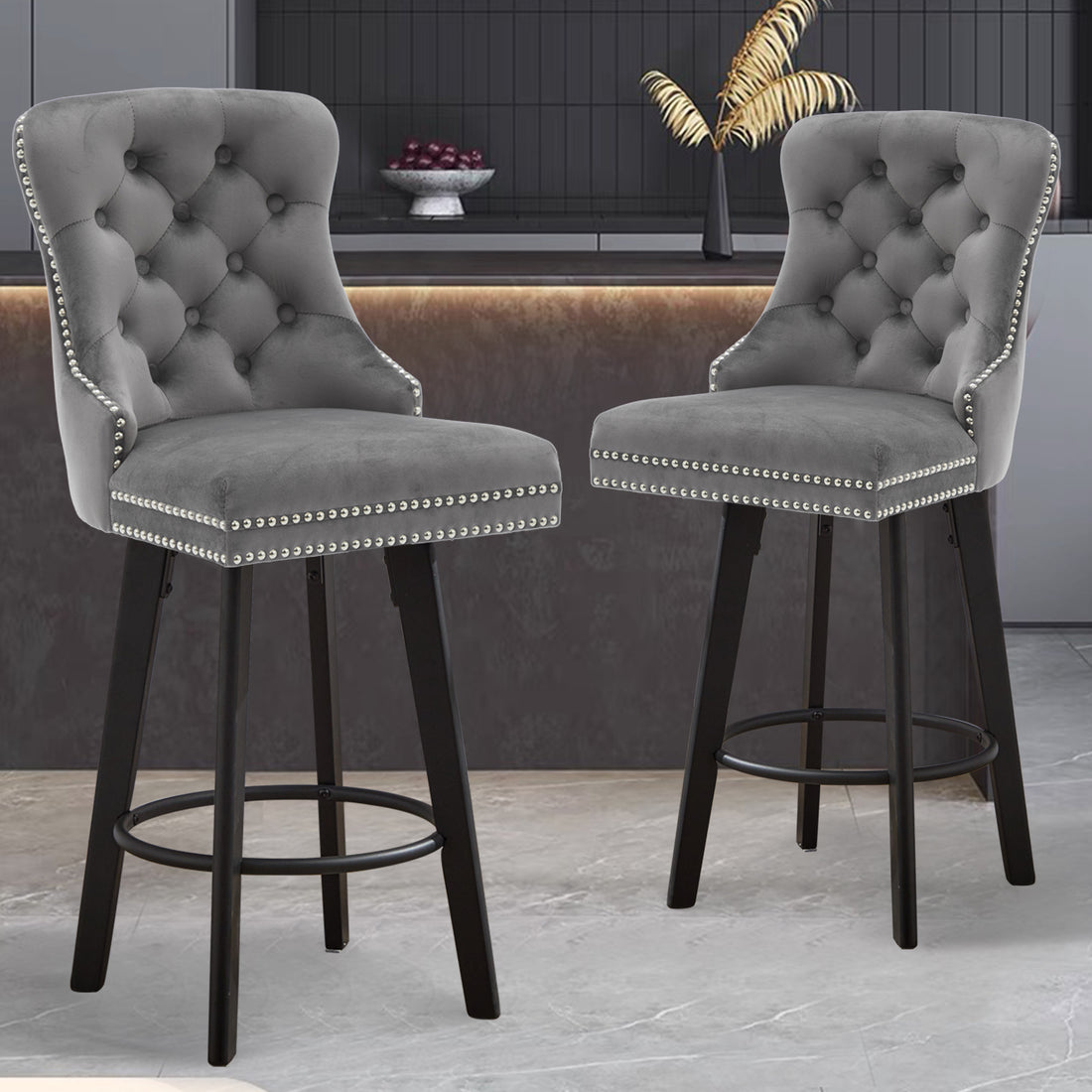 Modern Swivel Bar Stools Velvet Barstools Button Tufted Bar Stools Rivet Trim Bar Stools For Kitchen Island,Bistro, With Metal Pull Ring Sturdy Footrest Large Backrest For Home Bar,Dark Gray 2Pcs