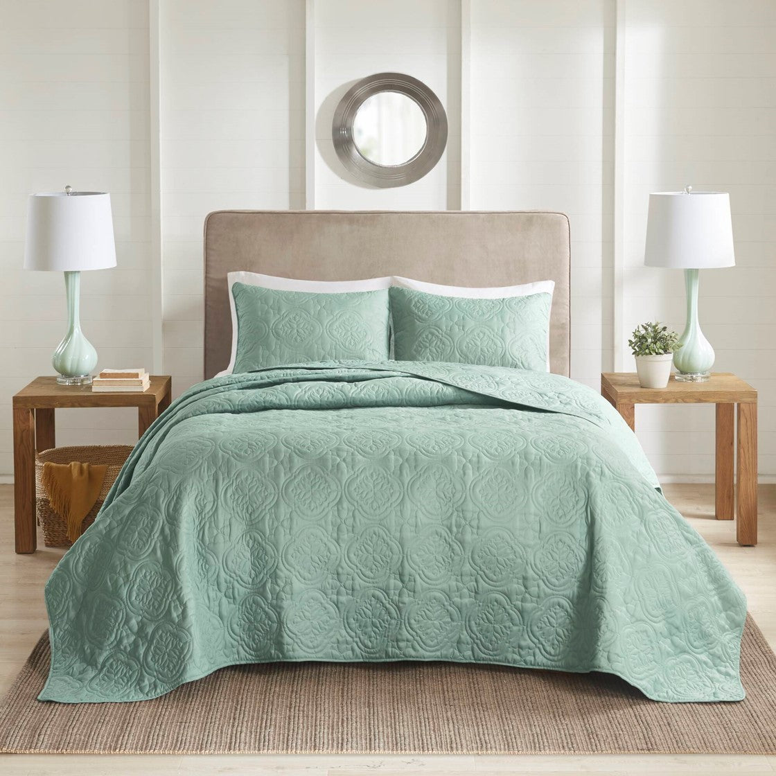3 Piece Reversible Bedspread Set Seafoam Full Queen Queen Green Microfiber