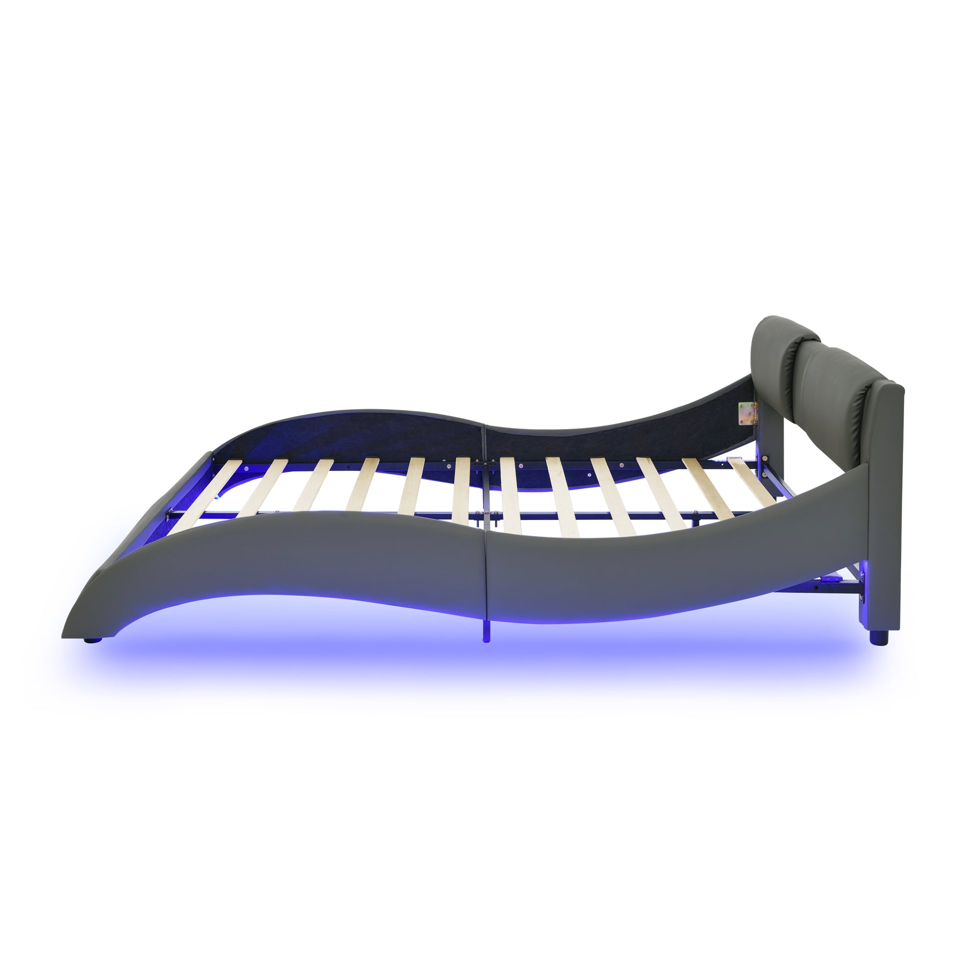 Queen Led Bed Frame Modern Faux Leather Upholstered Platform Bed Frame With Rgb Led Lights And Headboard Wave Like Curve Low Profile Bed Frame,Wood Slats Support,Easy Assembly, Grey Queen Grey Pu